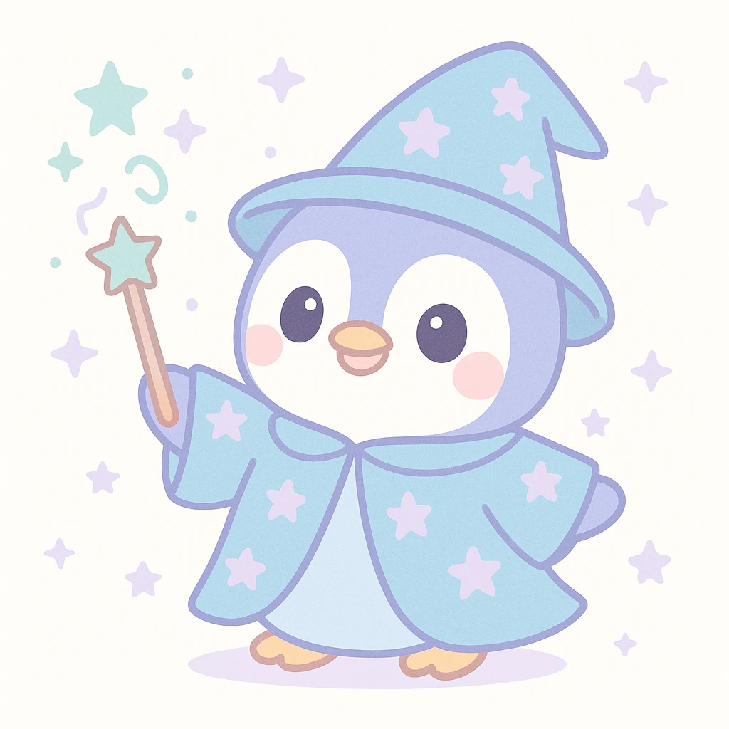 a cute penguin wizard casting a spell, wearing a starry robe and holding a wand emoji