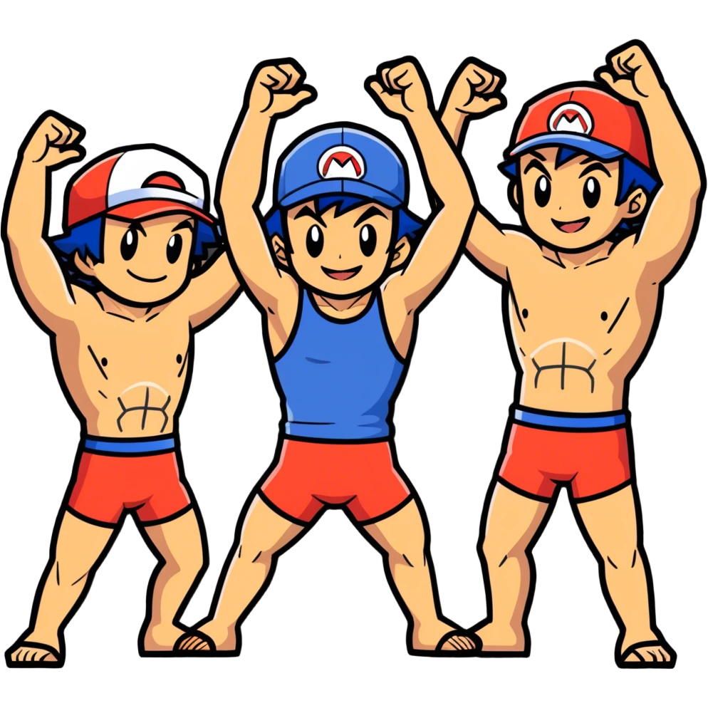 Random style: Hot handsome very muscular 6ft 5inch tall smiling happy fun shirtless Ash Ketchum dancing to techno with two best friends in short swimwear emoji