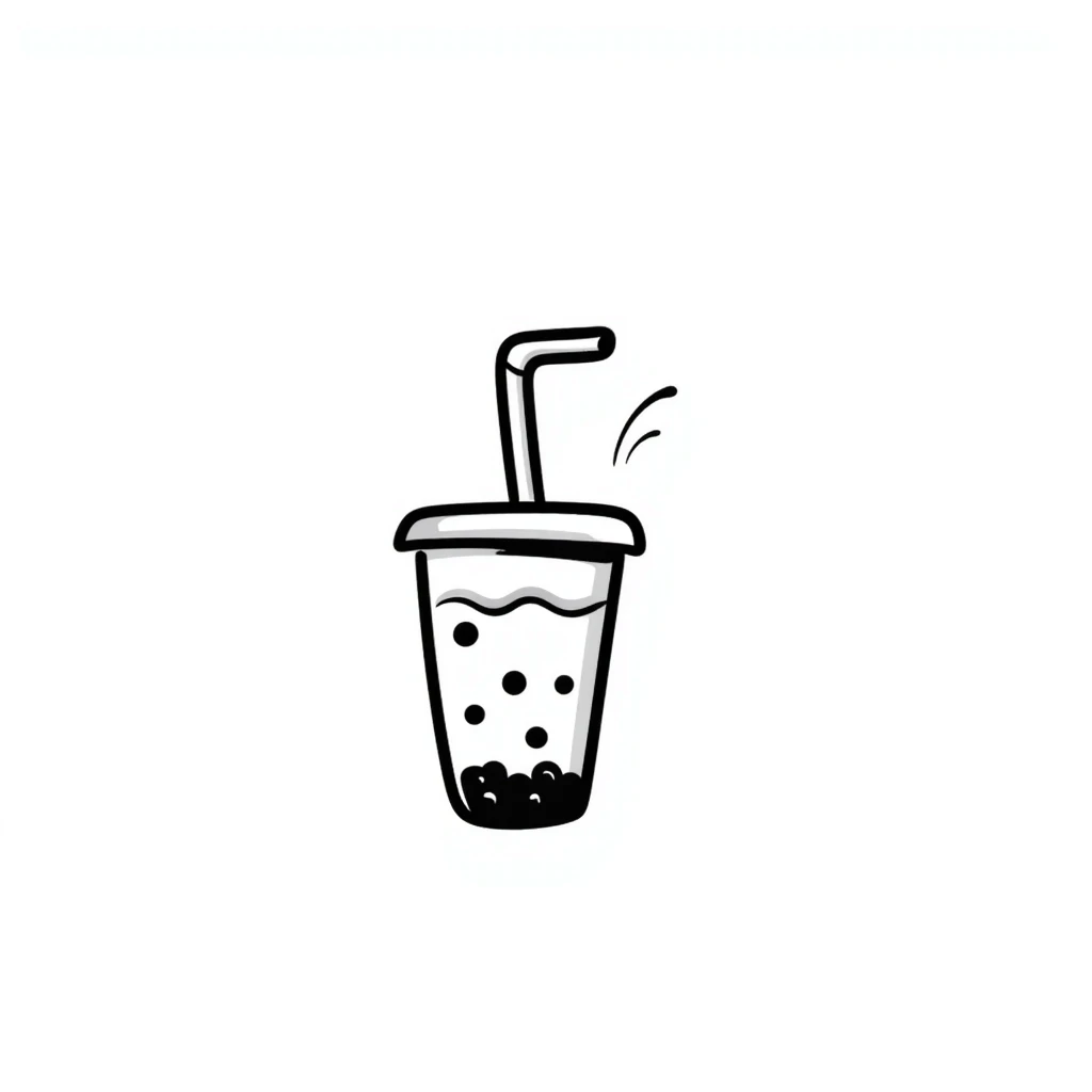 hand-drawn doodle of a boba tea cup with straw and pearls emoji
