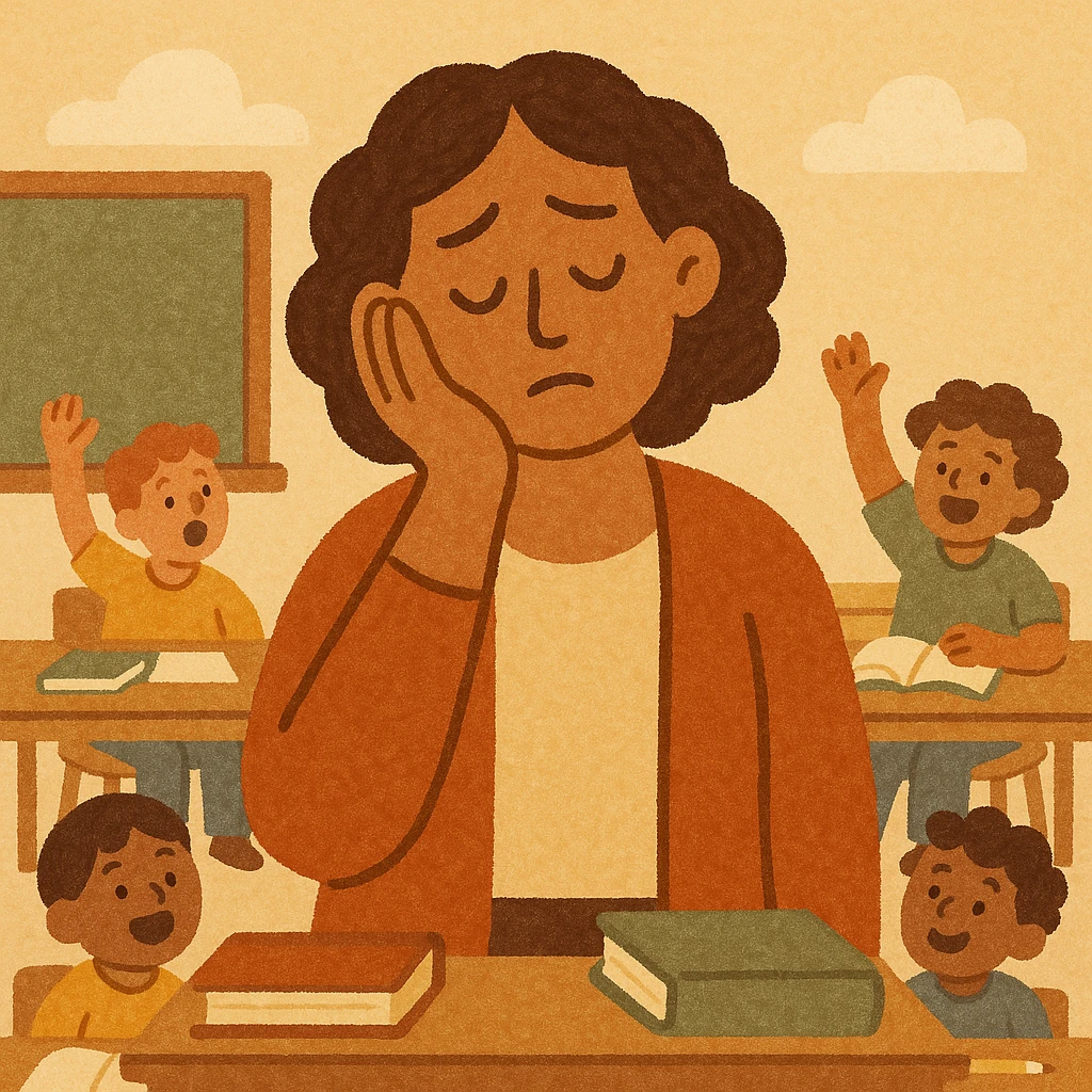exhausted teacher in a bustling classroom emoji