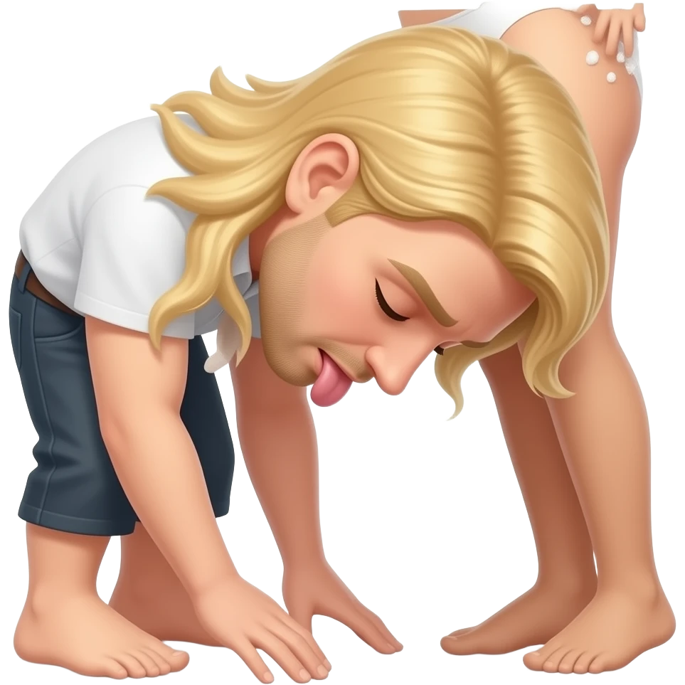 Blonde man with closed eyes bowed, licking the soles of a brunette emoji