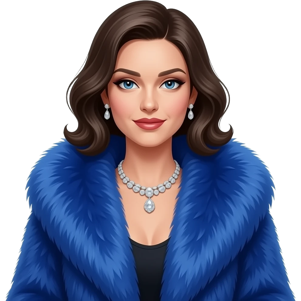 * Character: A stylish lady * ﻿﻿Clothing: A luxurious blue fur coat * ﻿﻿Accessories: A dazzling diamond necklace * ﻿﻿Expression: Confident, elegant, maybe slightly glamorous * ﻿﻿Pose: Head slightly tilted or a poised posture * ﻿﻿Style: Emoji-like, simple but expressive emoji