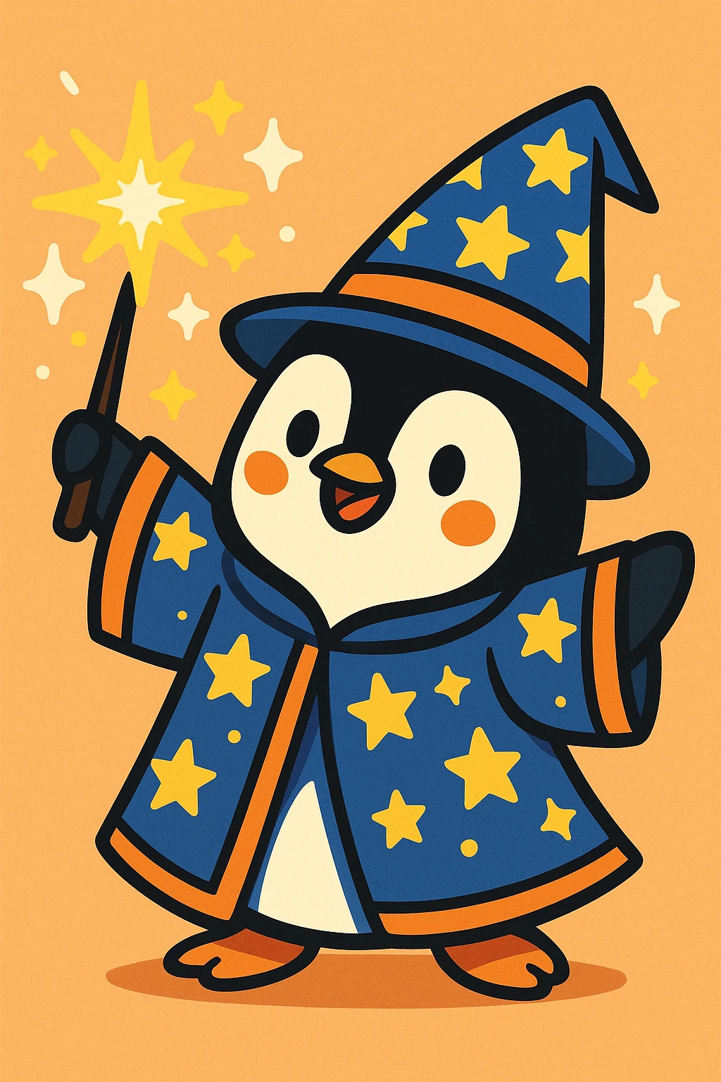 a penguin wizard casting a sparkling spell, wearing a starry robe and hat, in a cute cartoon style emoji
