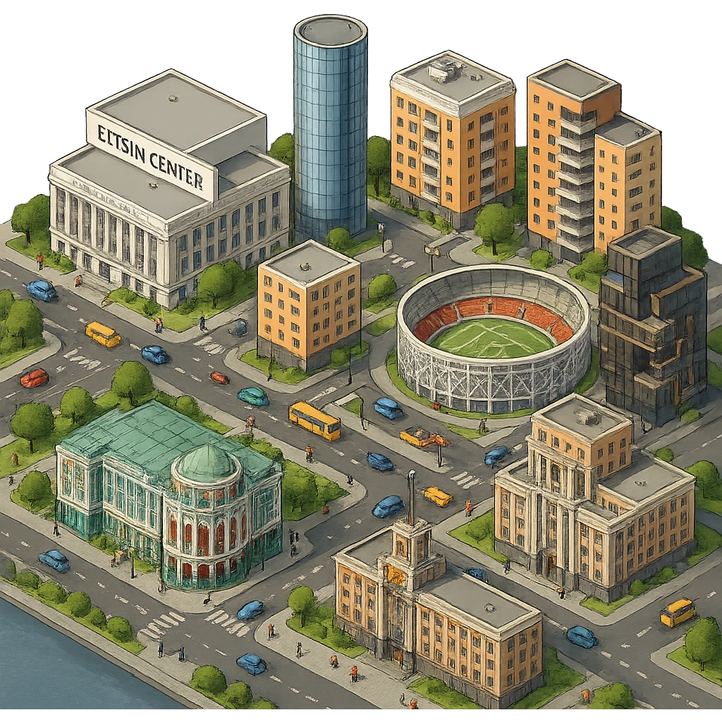Изометричная миниатюрная фотореалистичная 3D модель Екатеринбурга - Дом Севастьянова, Ельцин-центр, Уральский федеральный университет, дома, Екатеринбург Арена, Штаб-квартира Русской медной компании, Здание Свердловского городского совета народных депутатов, четкие линии, яркие цвета, мультяшный реализм, люди, автотранспорт, компактная композиция, вид сверху в изометрии, прозрачный фон emoji