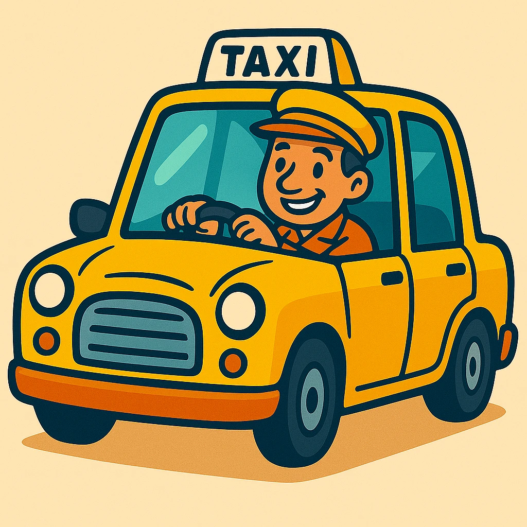 Cabbie in yellow taxi with a happy expression, vibrant cartoon style. emoji