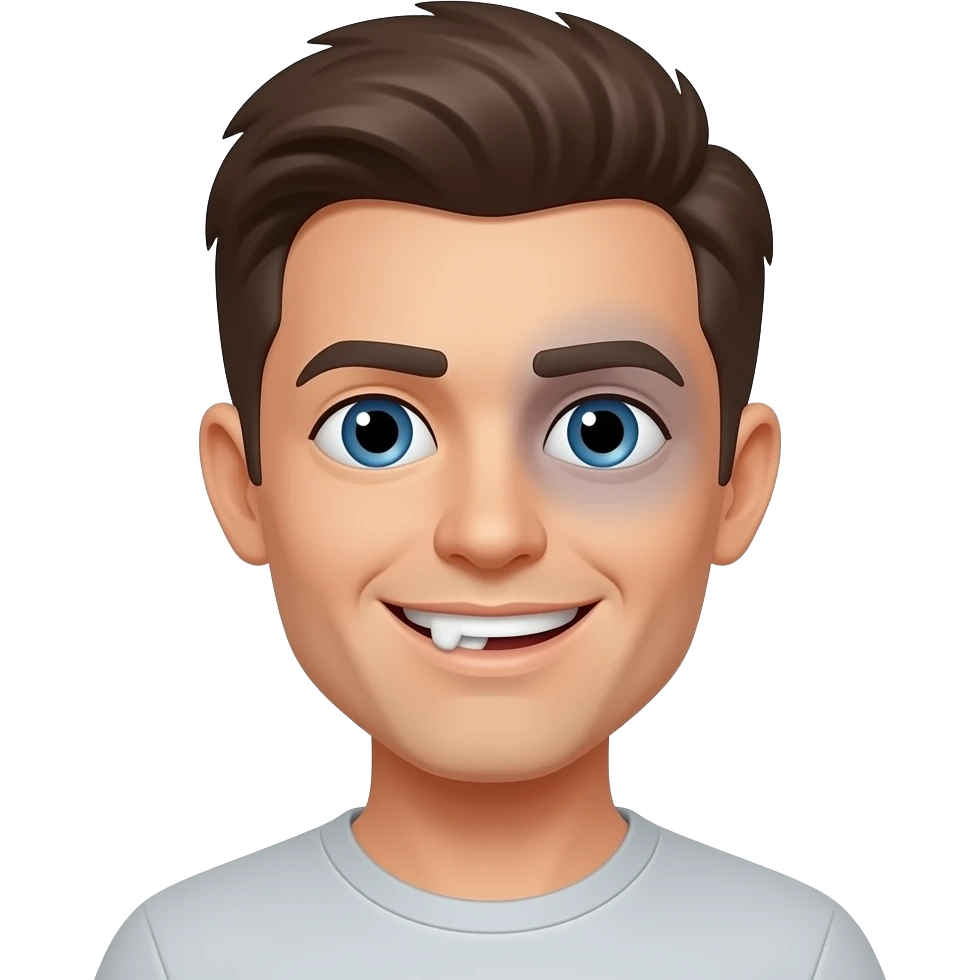 Use a nit smiling emoji with a missing tooth from getting punch in the face, add a bruised eye from punch emoji