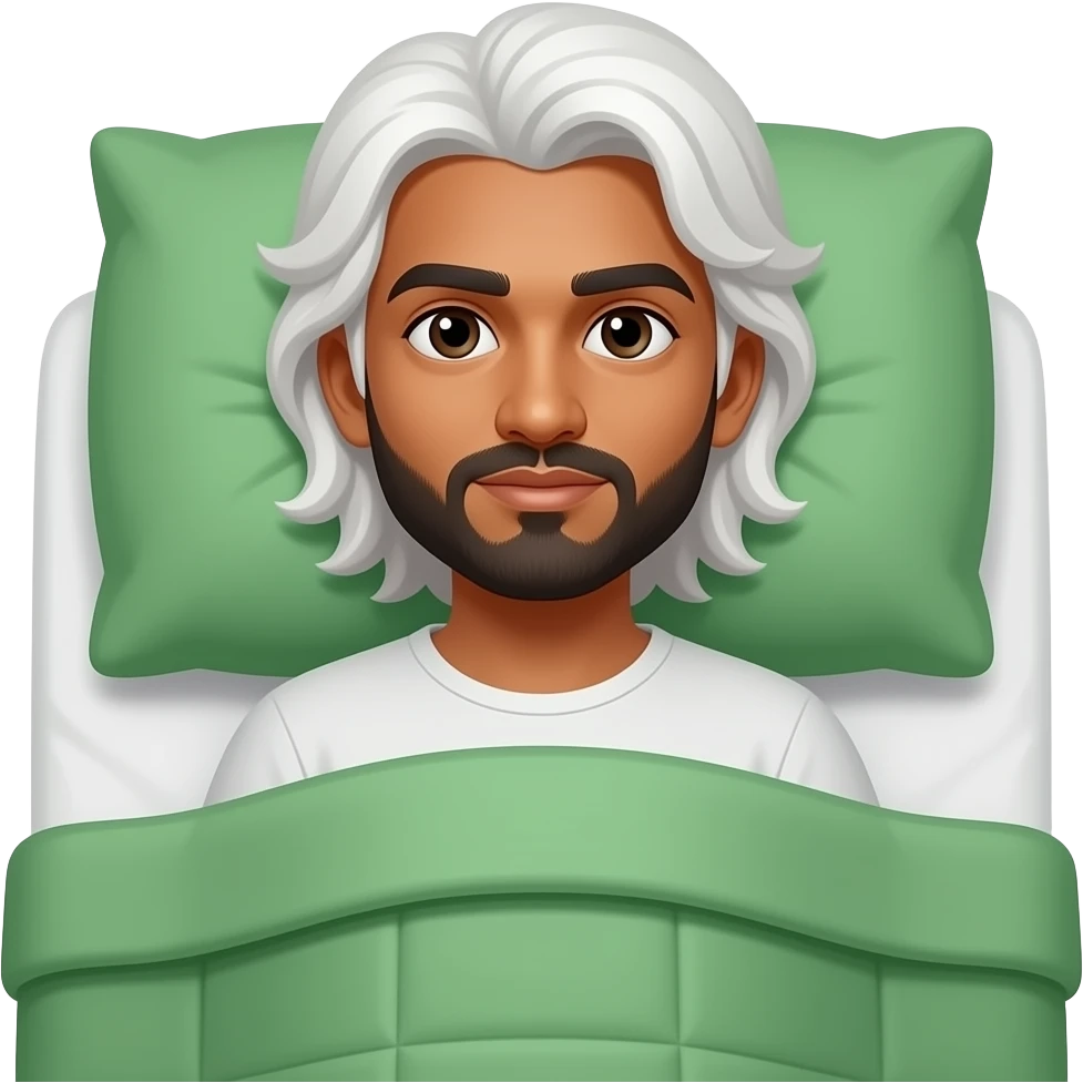 Darker toned, NO-FACIAL-HAIR, indian young man with long white hair covered in like green duvet in bed emoji