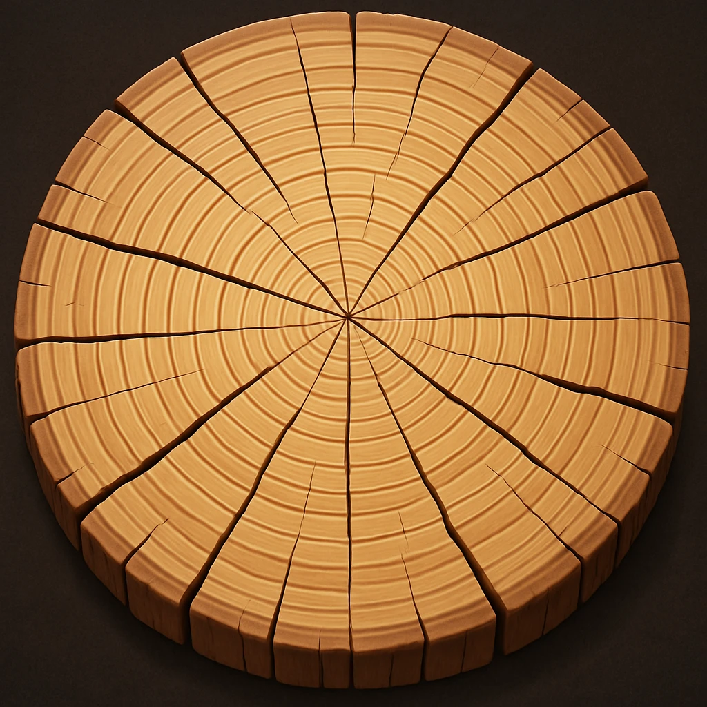 Create a top view of this tree stump, keeping the same wood pattern, color, and cartoon style as the reference image. Variant 4. emoji