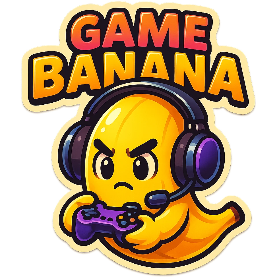 Cartoon banana wearing headset, holding tiny controller, focused expression, text above: "NE BANANA", chibi style, Twitch emoji style, transparent background, colorful emoji