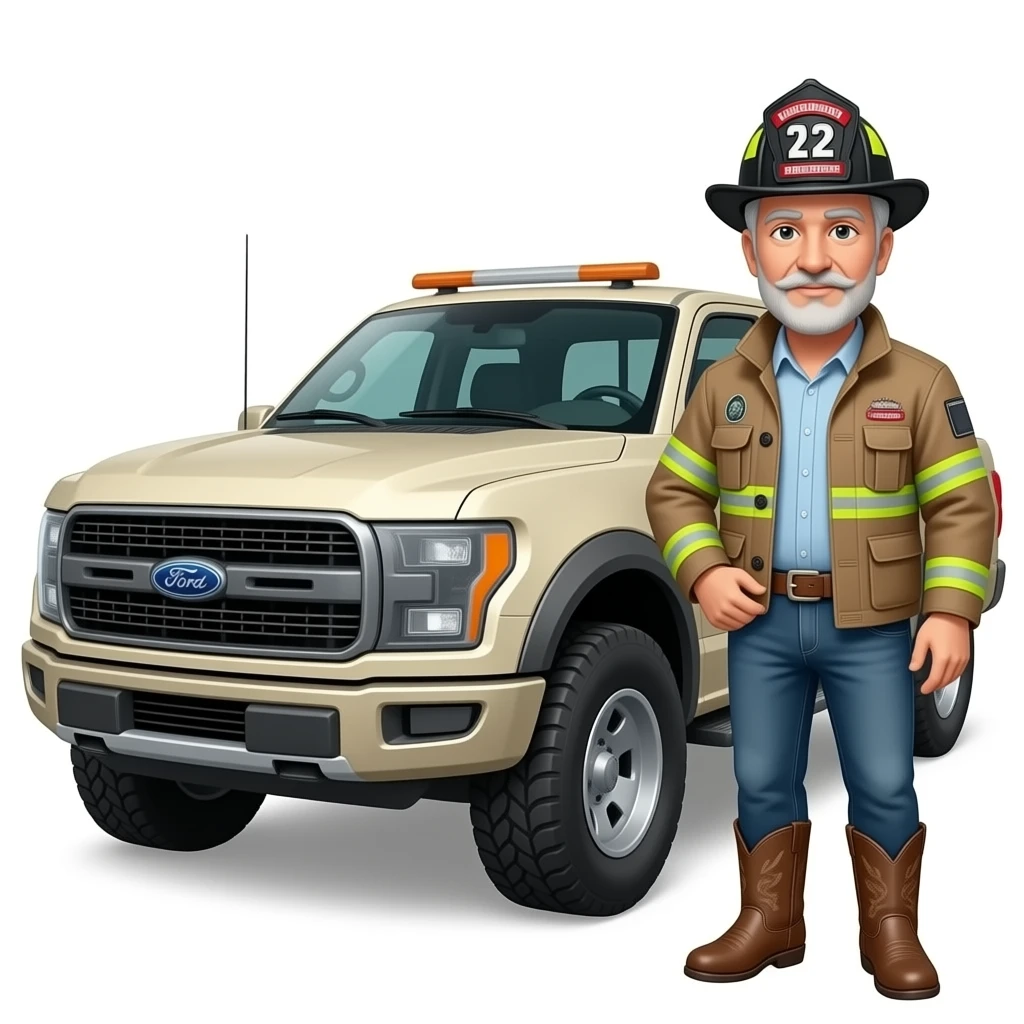 Cartoon emoji-style grey haired man in jeans, cowboy boots, and a firefighter helmet standing next to a black Ford Bronco in a garageMake the an to ford bronco marsh color in a garage emoji