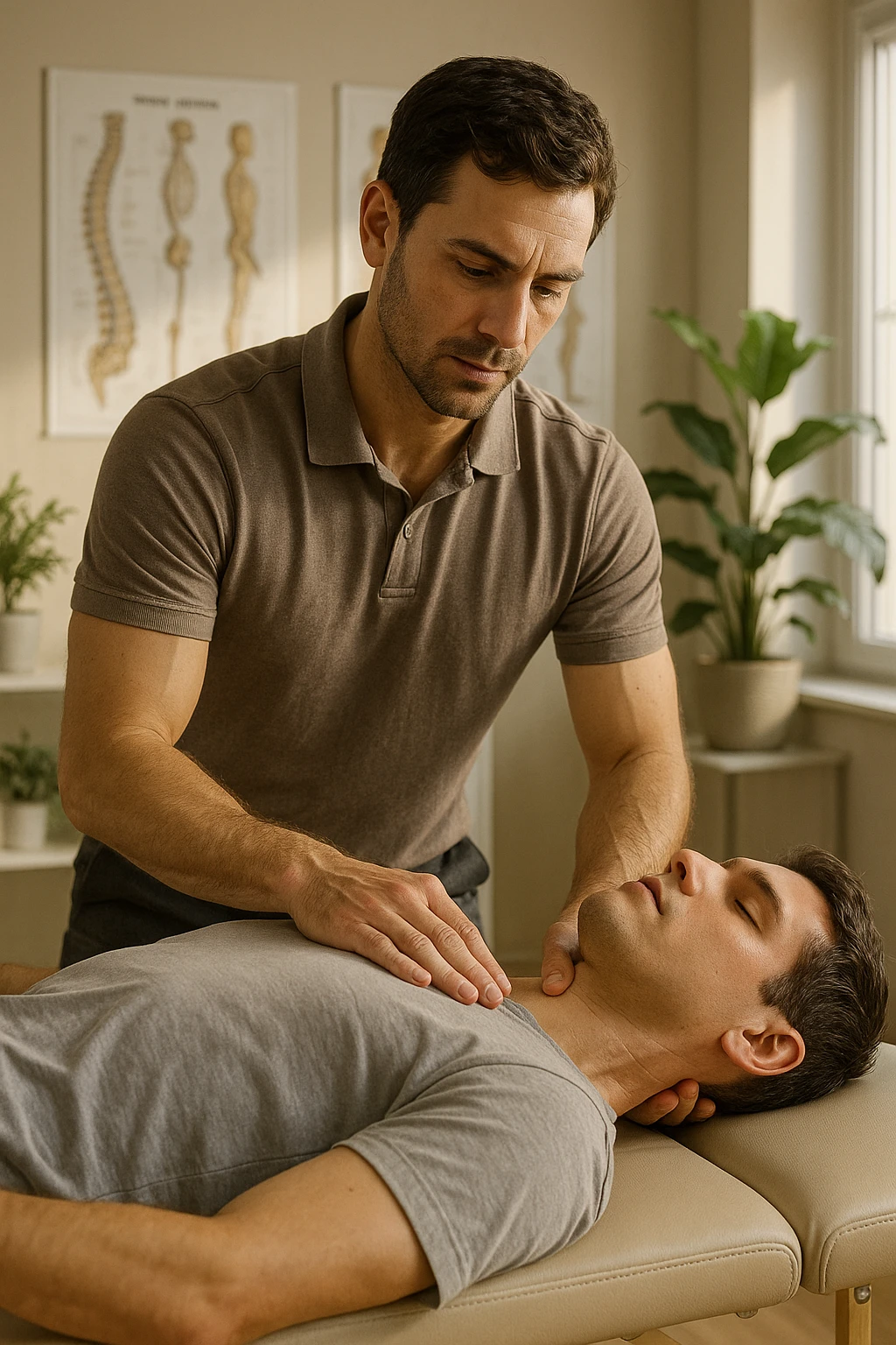 A realistic, cinematic illustration of a professional osteopath in his late 30s, wearing a fitted polo shirt in a neutral color, performing gentle manual manipulations on a patient to improve posture. The osteopath uses precise hand placement along the patient's upper back and cervical spine while the patient lies on a comfortable treatment table in a bright, modern clinic. Anatomical posters showing the spine and posture alignment are on the wall, and the room has warm, natural lighting with plants for a calming atmosphere. The scene emphasizes hands-on osteopathic care to restore body alignment, spinal mobility, and posture, showcasing trust, professionalism, and holistic care emoji