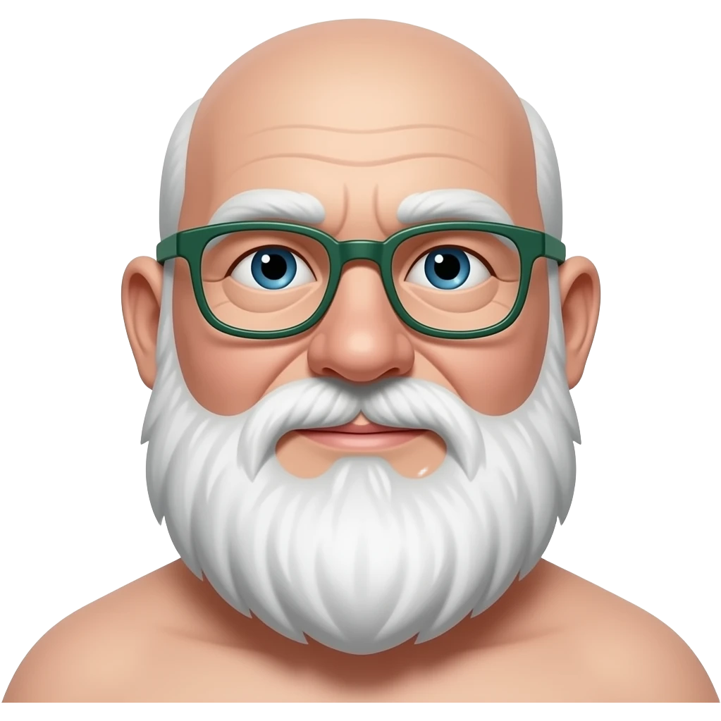 75 year old, white, bald, 300 pound, man with a full white beard starting from bottom of ear lobe and thin framed glasses with green side arms emoji