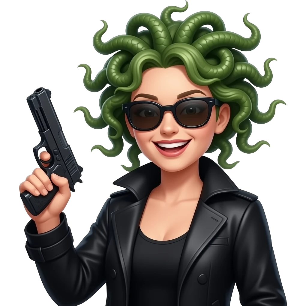 Laughing beautiful female Medusa in black coat with sunglasses holding gun emoji