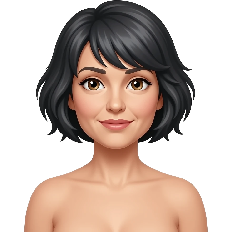 woman 50 years old, short by grey and blackfluffy cut hair pixie cut, white skin and brown eyes And nude boob emoji