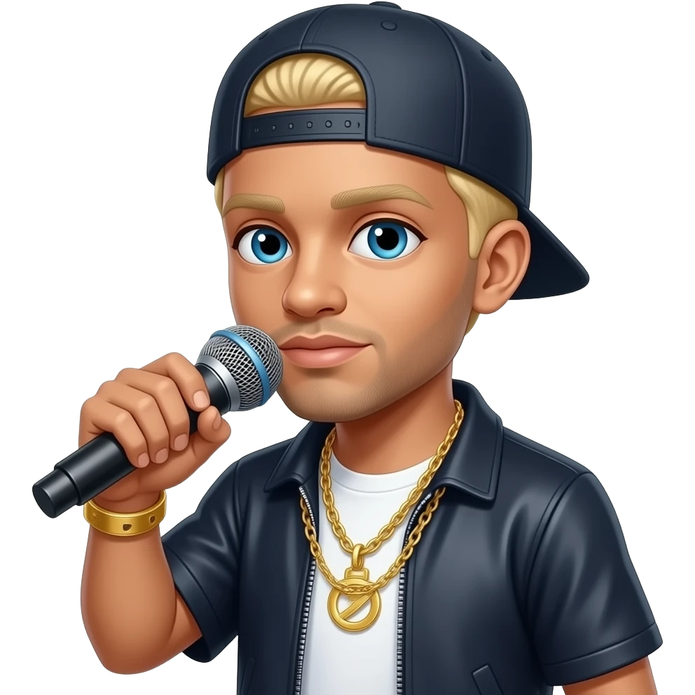 blond rapper holding a mic, wearing a cap and gold chain necklae emoji