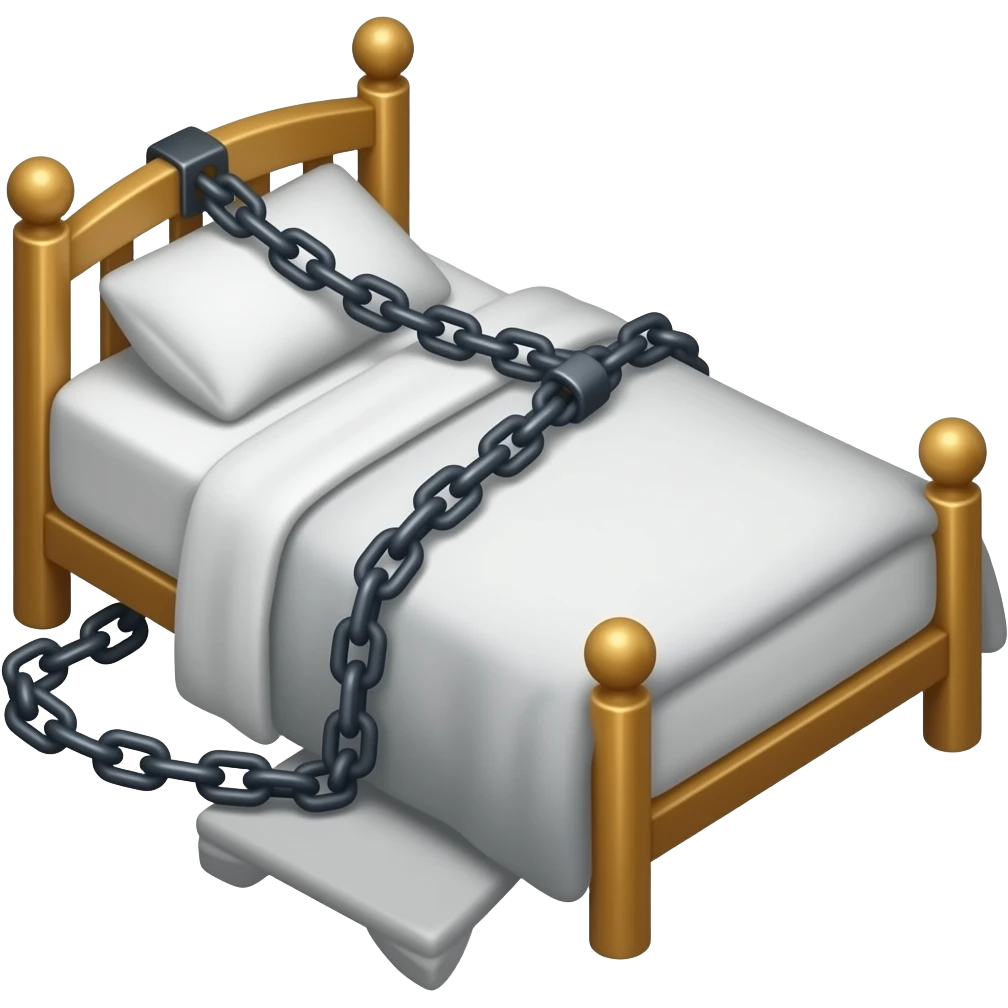 An empty Hot Oven chained and sittting on a bed wearing black restraints emoji