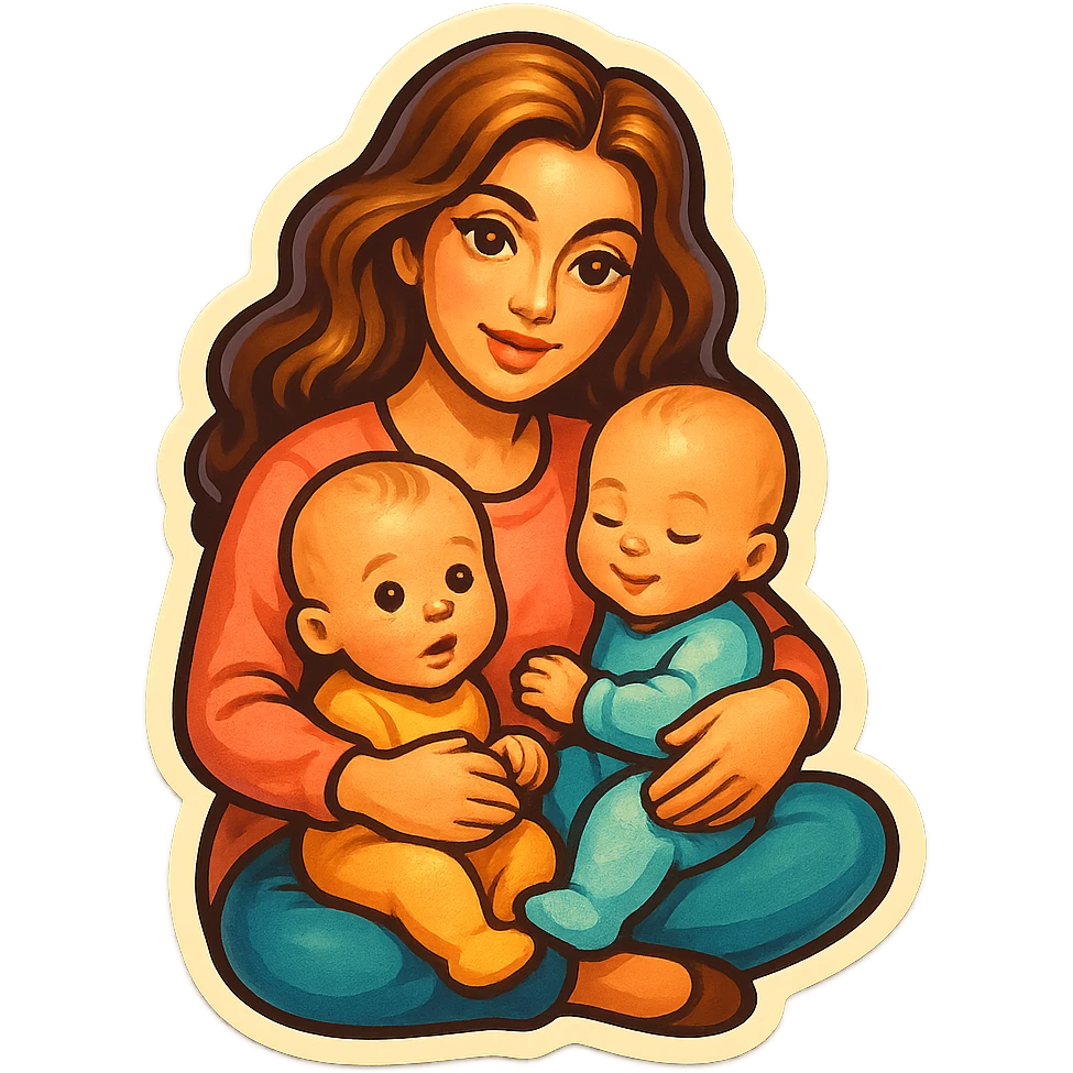 a mother sitting and hugging two babies, long wavy hair, large expressive eyes and lips, retro stickers style emoji