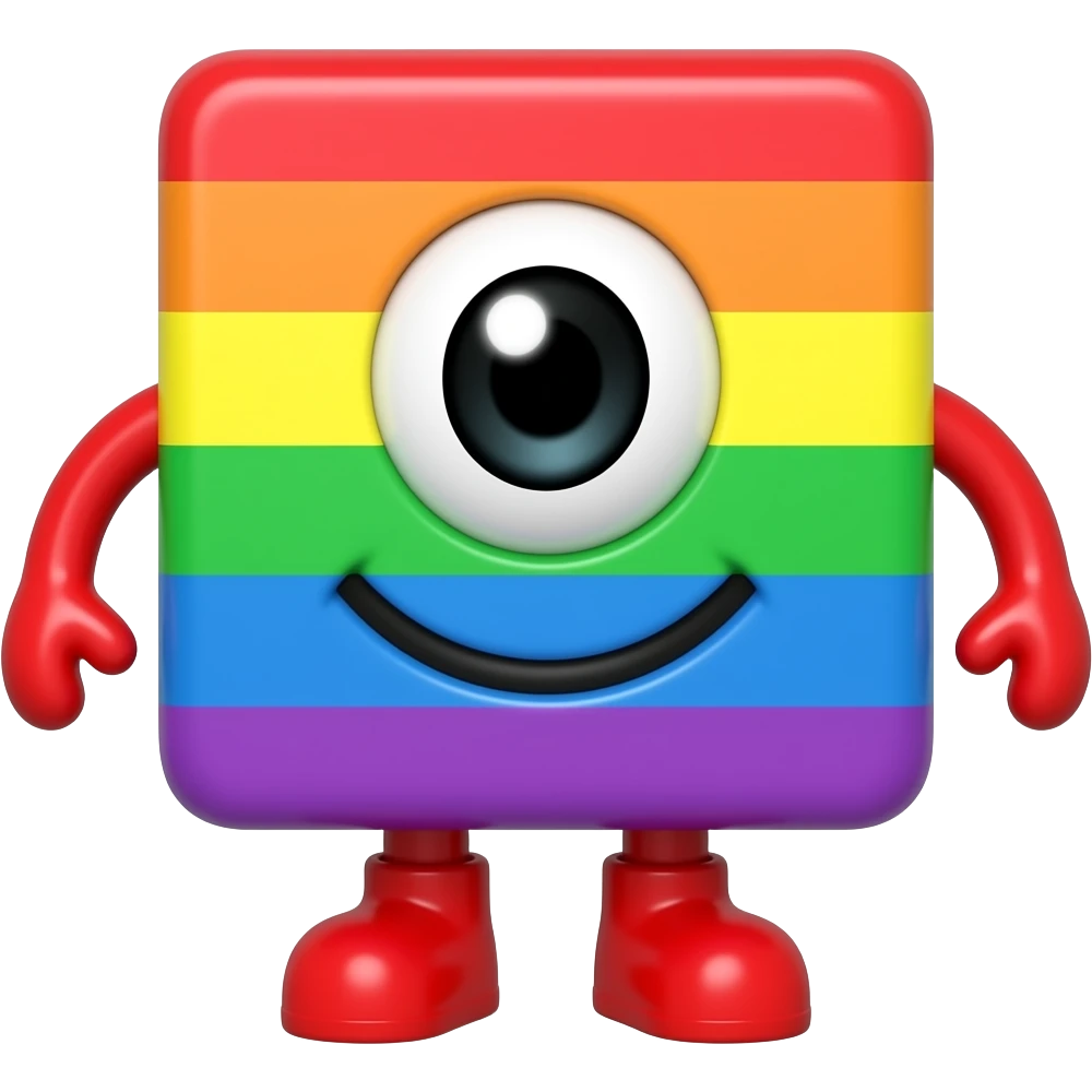 A rainbow block with red feet, red arms and a circular cute eye with a big smile emoji