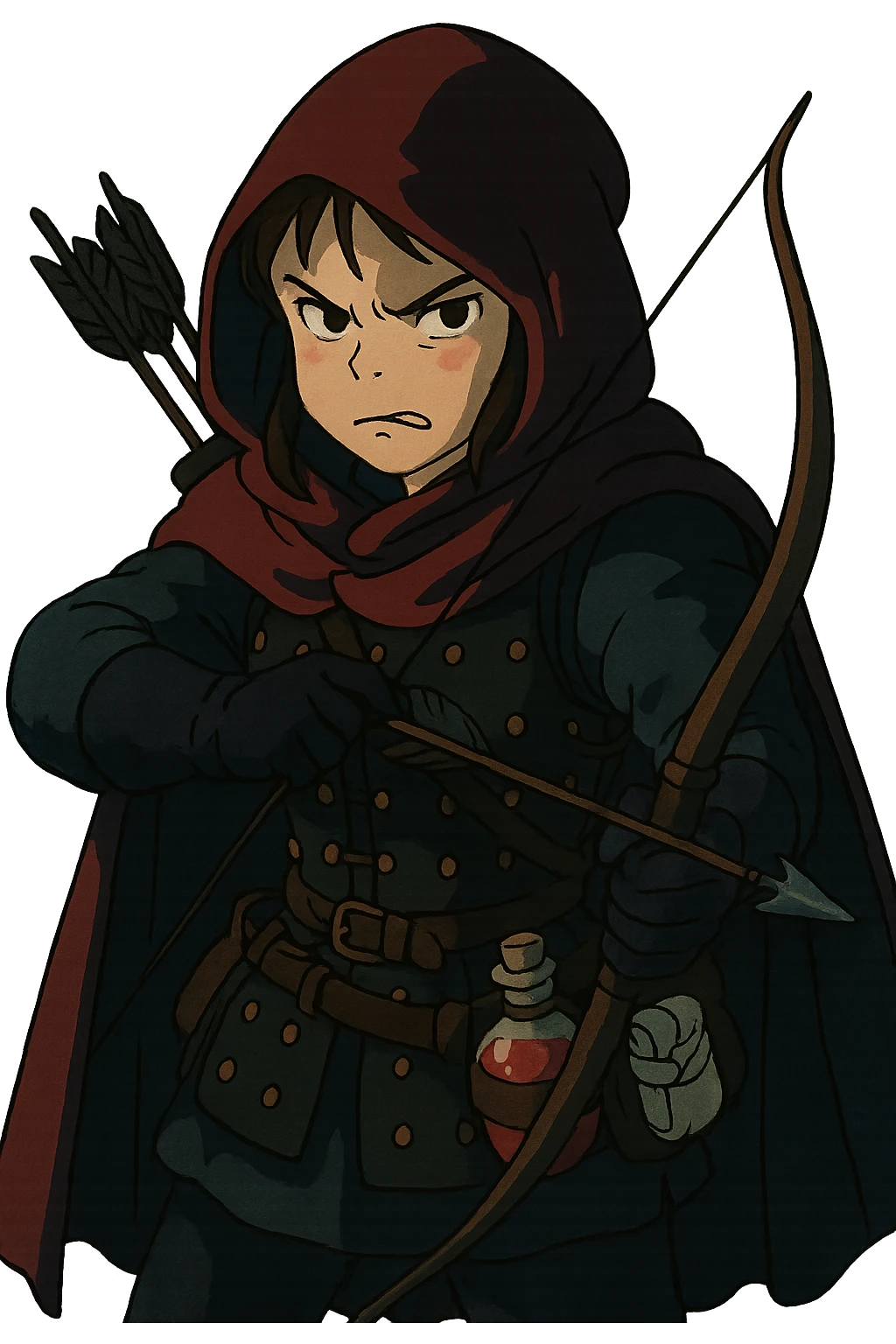 A female rouge , colored hood, wearing brigandine armor with, bow and arrow at the ready, night time shadows, tool belt with red potion and bandages, mischievous frown,  anger emoji