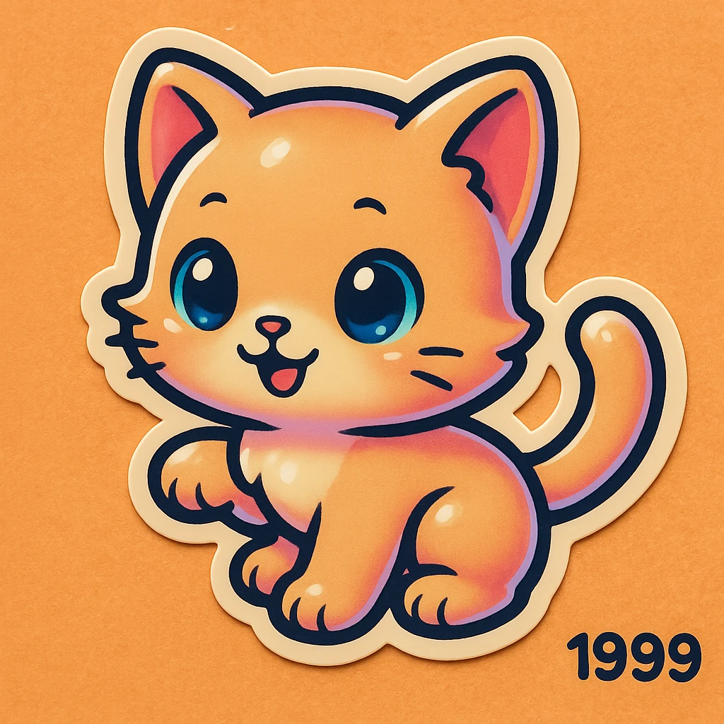baby cat in 1999 sticker style, bold outlines, pastel colors, chibi proportions emoji