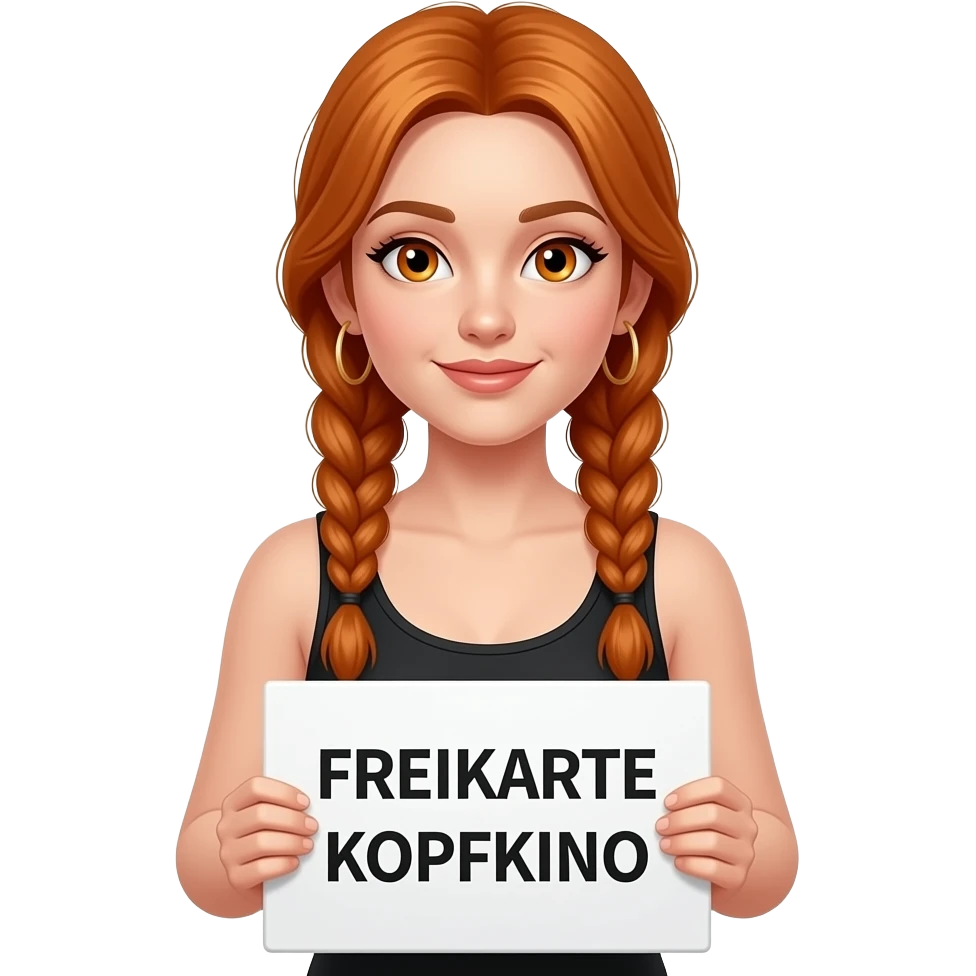 sexy girl with long ginger braids and ginger eyes wearing a black tanktop is holding a white sign with FREIKARTE KOPFKINO written on it emoji