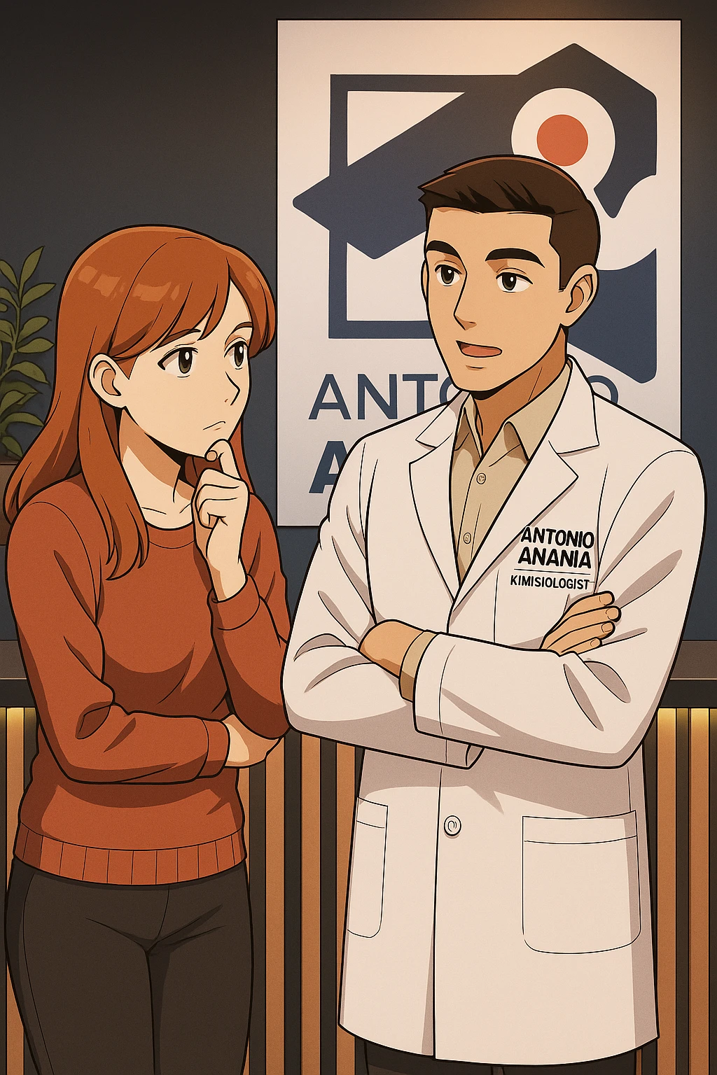 su questo stile fai un manga/webtoon a colori in cui una donna SI TOCCA IL MENTO CON L'INDICE MENTRE ASCOLTA PENSIEROSA L'UOMO, l'uomo della foto in stile manga LE SPIEGA CHE DEVE PROVARE LA SUA VALUTAZIONE MEDICA, mantieni un ambiente simile alla foto che ho allegato con il suo logo (sarebbe il suo studio, lui è un kinesiologo), scrivigli "ANTONIO ANANIA" sul camice bianco, non mettere fumetti, ma fai in modo che sembri che la donna ASCOLTI l'uomo emoji