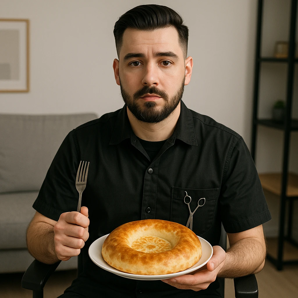 sartarosh xonada sal zamonaviy roq bulsin shunchaki tarelka v vilka ushlab utirsin tarelkada esa faqat uzbekcha non bulsin kayfiyati xam urtacha bulsin xursan bob ketmasin emoji
