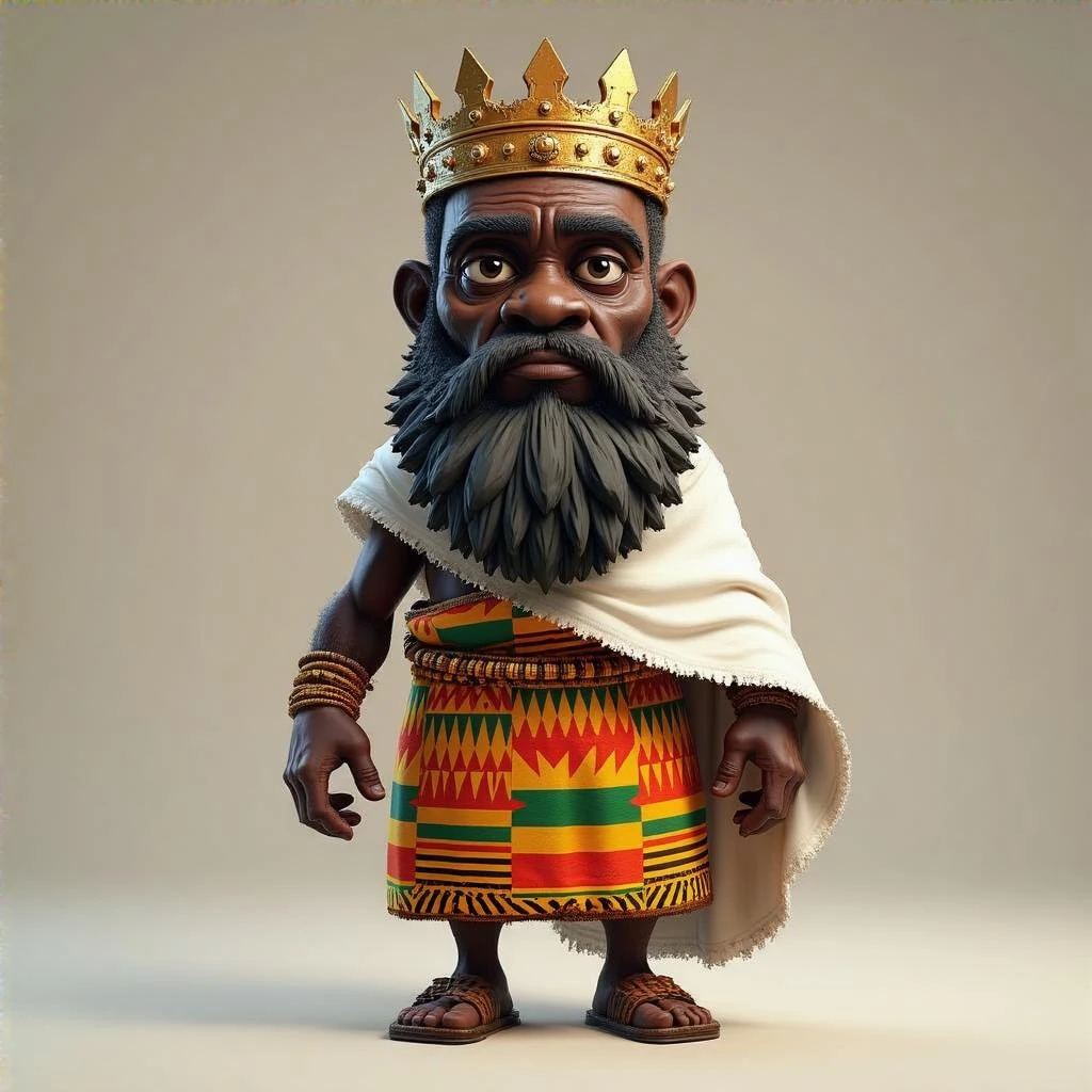 Create me a Stylized 3D Character Art of an old African king with a large beard wearing kente cloth with a white silky luxurious cloth for a Strategy Game. Make it have a balance of realism and caricature. emoji