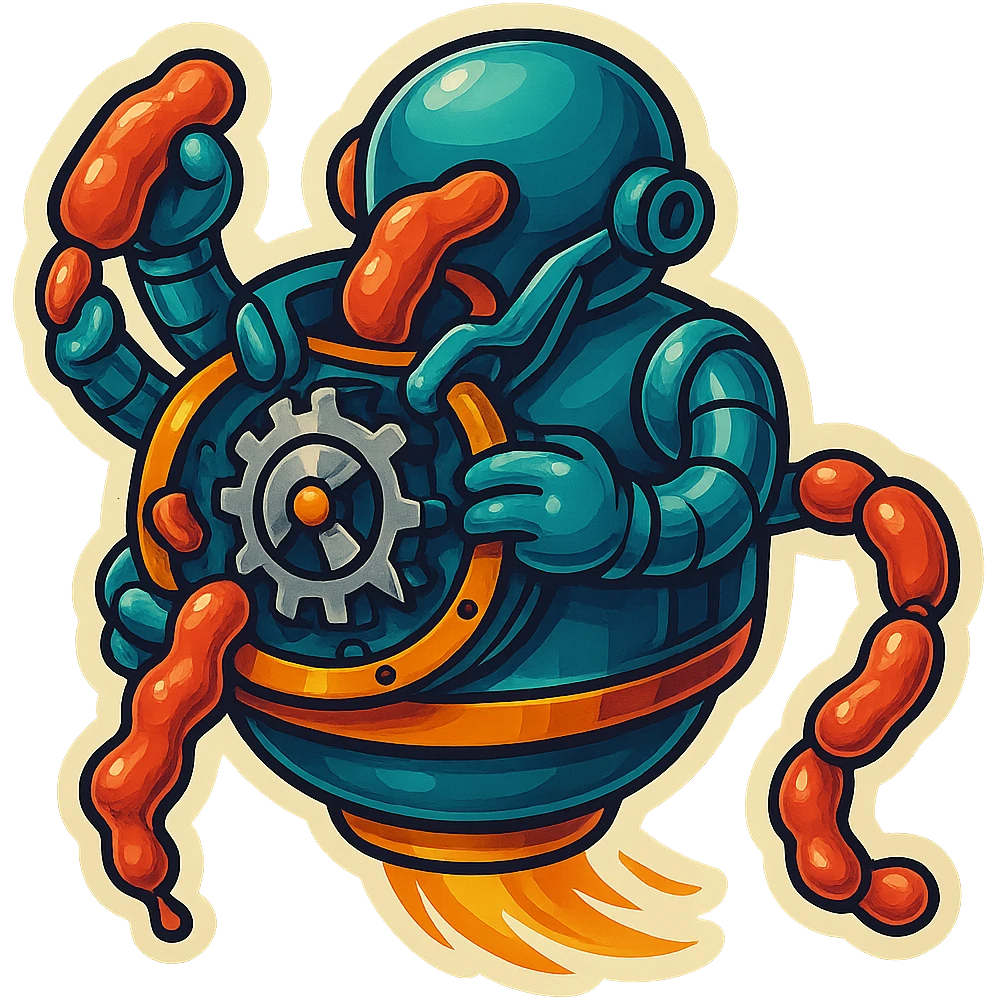  hovering sausage-processing droid in a retro-futuristic style. Its top half is a circular industrial meat grinder with rotating gears and blades. Two robotic arms feed material into the grinder. Sausage links extrude from the rear like a factory line. The body is metallic, compact, and floats above the ground with no legs. Dark humor tone. emoji