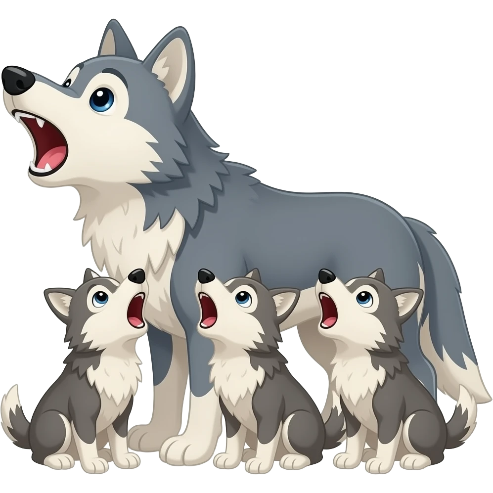 The cartoon wolf haves 3 wolf pups they howl together emoji