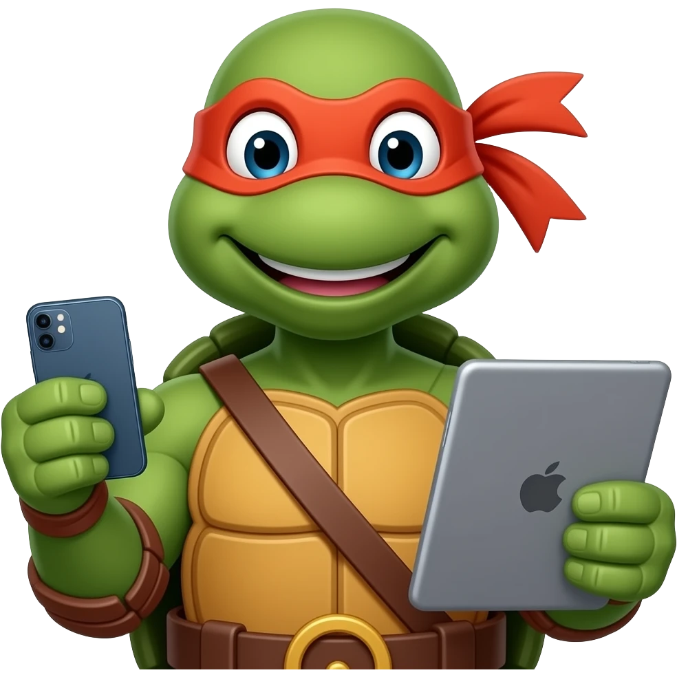 Michelangelo (Teenage Mutant Ninja Turtles) holding a iPhone device on one hand and iPad on another hand emoji