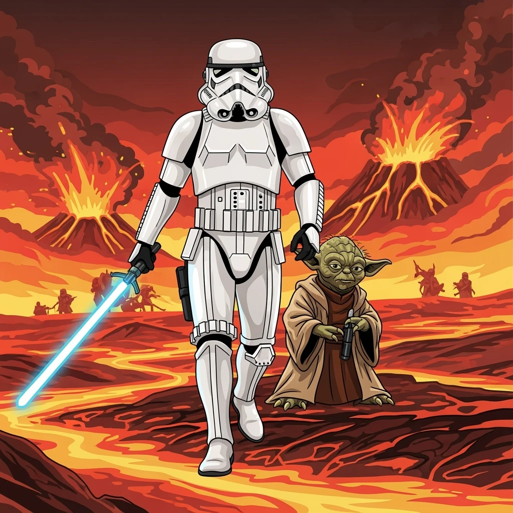 vector art of a Starwars stormtroopers is walking on lava planet with yoda, battleground background 
 emoji