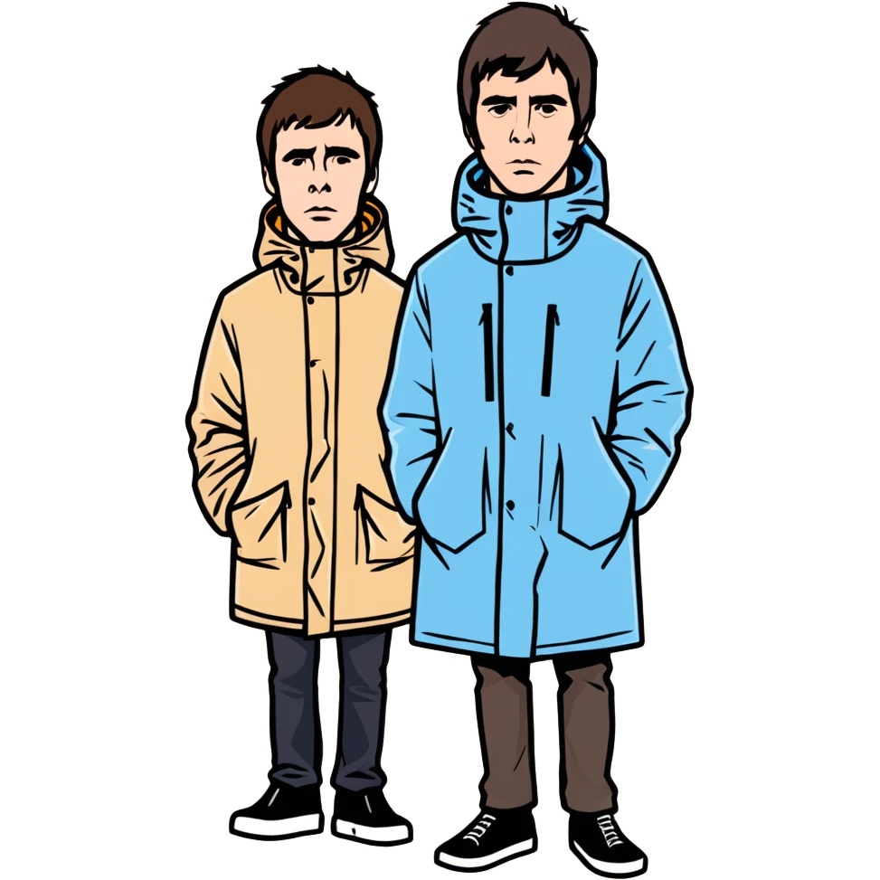 Create me a sticker of oasis band liam gallagher and noel gallagher at her peak (90s)  emoji