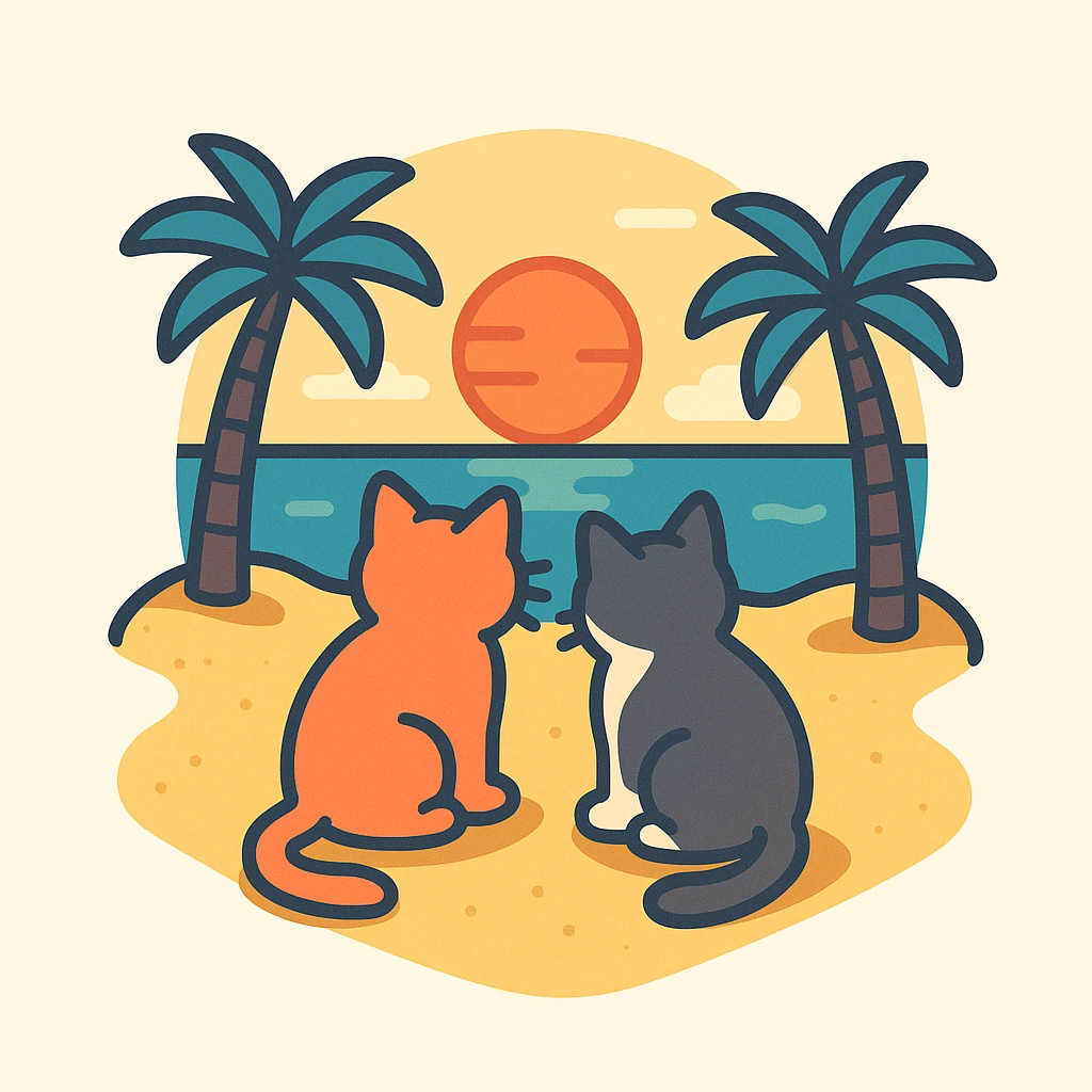 3D isometric illustration of two cats sitting on a beach at sunset with palm trees, variation 2 emoji