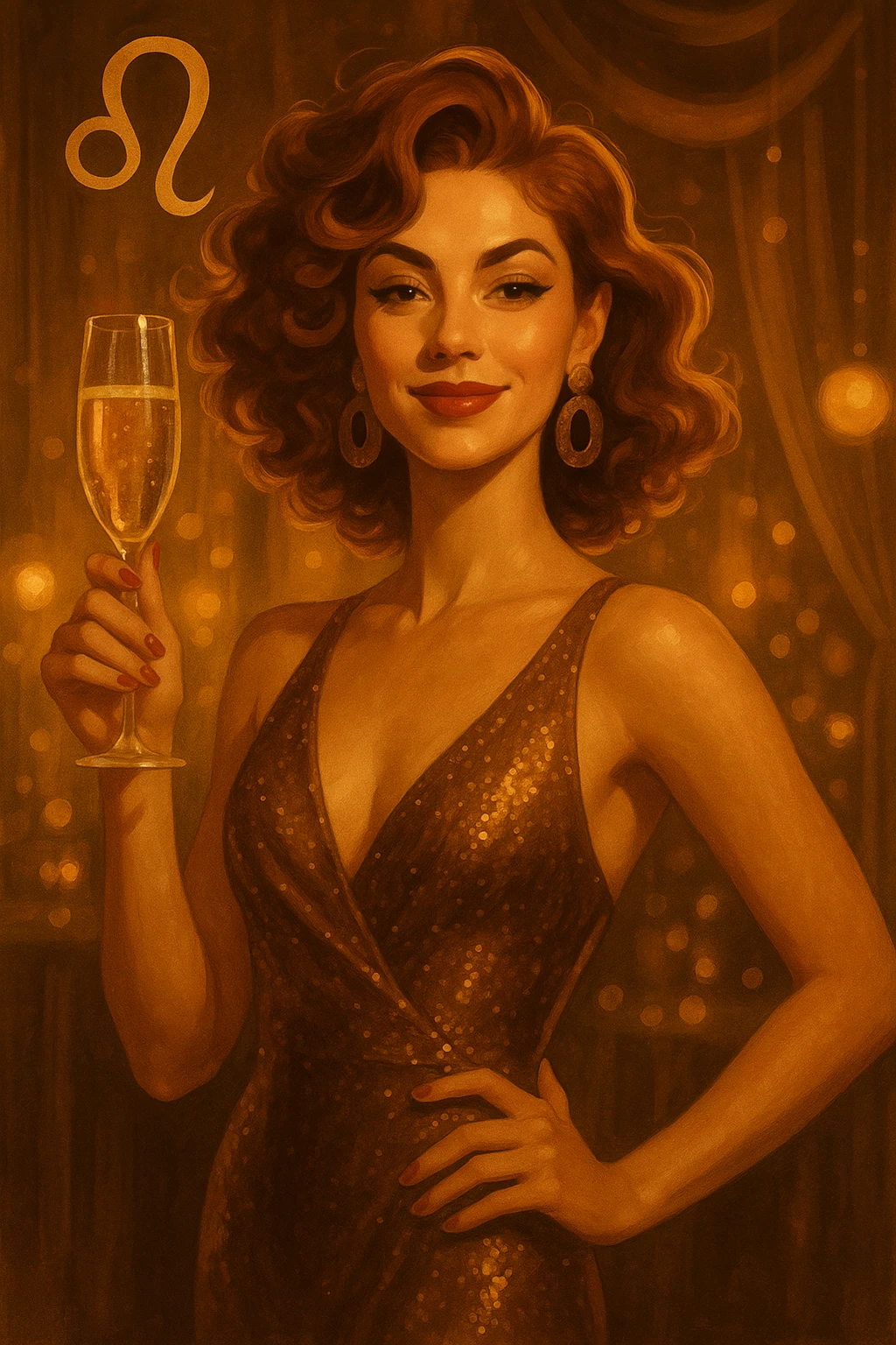 stylish leo woman in a party dress, raising a glass of champagne, confident and radiant expression emoji