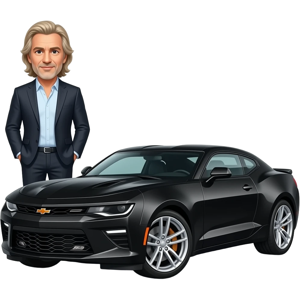 White guy long blond hair in his 50'sdressed nice and nice car can u make the car 2019 camaro ss with chrome wheels shiny paintsorry meant black 2019 ss camaro chrome wheels emoji