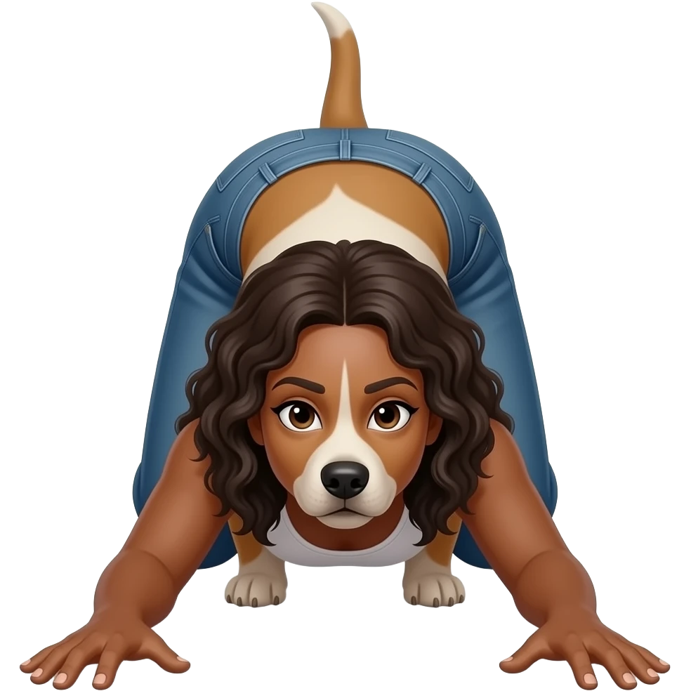 Coloca a la mujer afroamericana de frente, de rodillas en forma de perro, culo más alto que la cabeza, con los brazos estirados hacia delante, vista frontal emoji