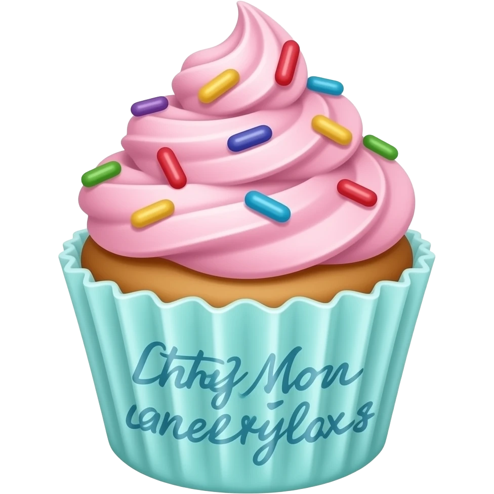 Cupcake with pink icing add some sprinkle on top  and a cyan cover that has a heart calligraphy print on emoji