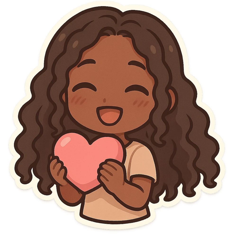 chibi anime black girl with long curly hair, smiling, holding a pink heart, pose 1 emoji