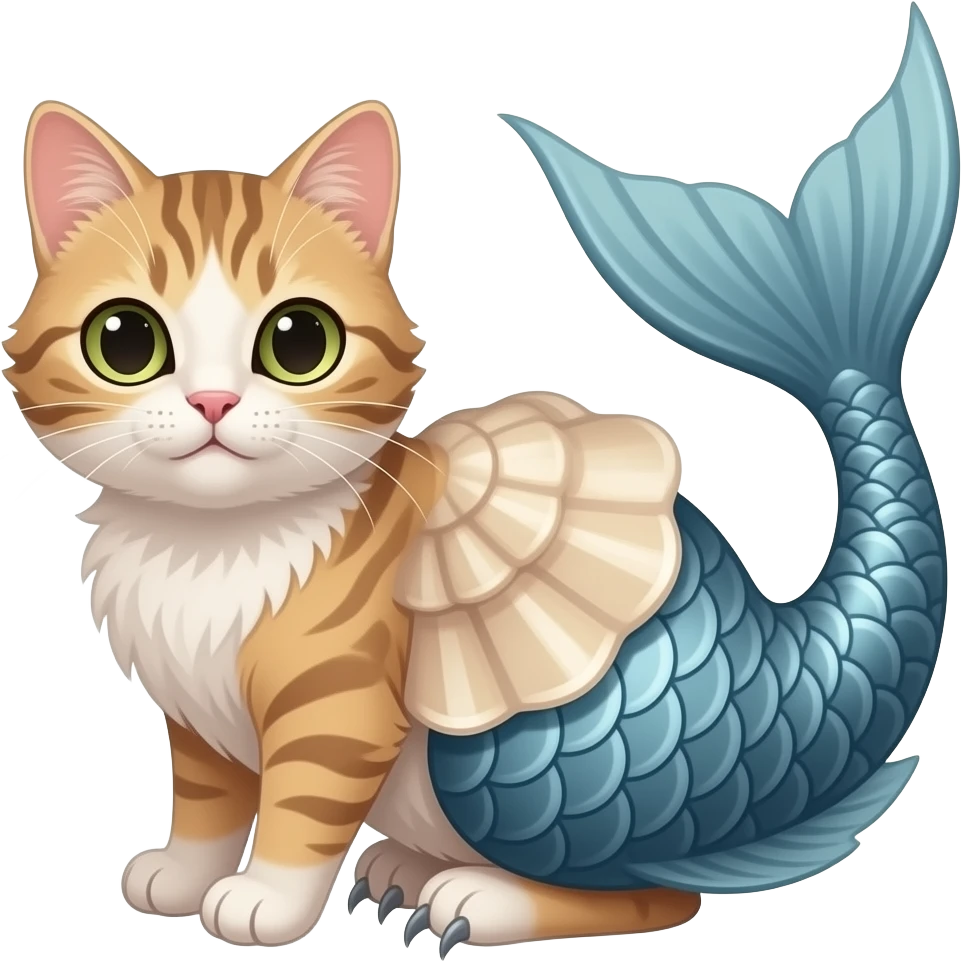 Un gato con cola de pez y garras afiladas y que tenga un caparazón emoji