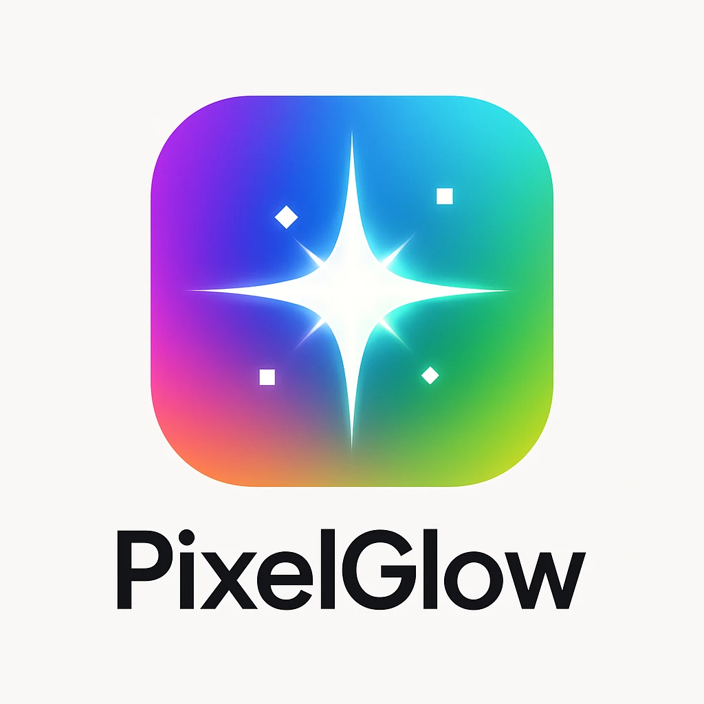 Modern, eye-catching logo for PixelGlow, a futuristic AI image generation app. Rounded square icon with a vibrant multi-color gradient background smoothly transitioning through purple, blue, cyan, green, and orange, resembling a radiant aurora or prism light. Central minimal, bold 8-point starburst or crystal-shard flare evoking magic, creativity, and AI-powered transformation. Clean, scalable, tech-savvy, inspired by Google Gemini and OpenAI branding, with a playful, creative twist. Optional soft glowing edges, slight shadow under the starburst, tiny pixel elements. Background white or off-white for pop. Sleek, glowing, magical, futuristic, minimalistic. emoji