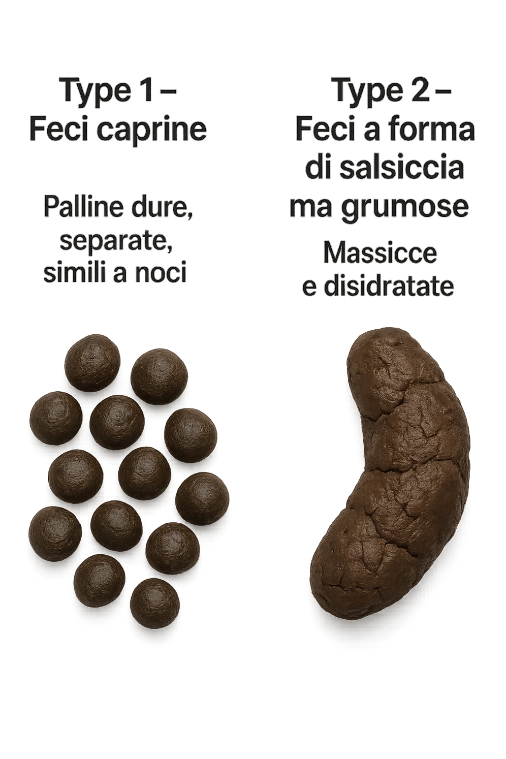 immagine di due tipi di feci iperrealistiche viste dall'alto con descrizione:
Tipo 1 – Feci caprine
Palline dure, separate, simili a noci

Tipo 2 – Feci a forma di salsiccia ma grumose
Massicce e disidratate.
 emoji
