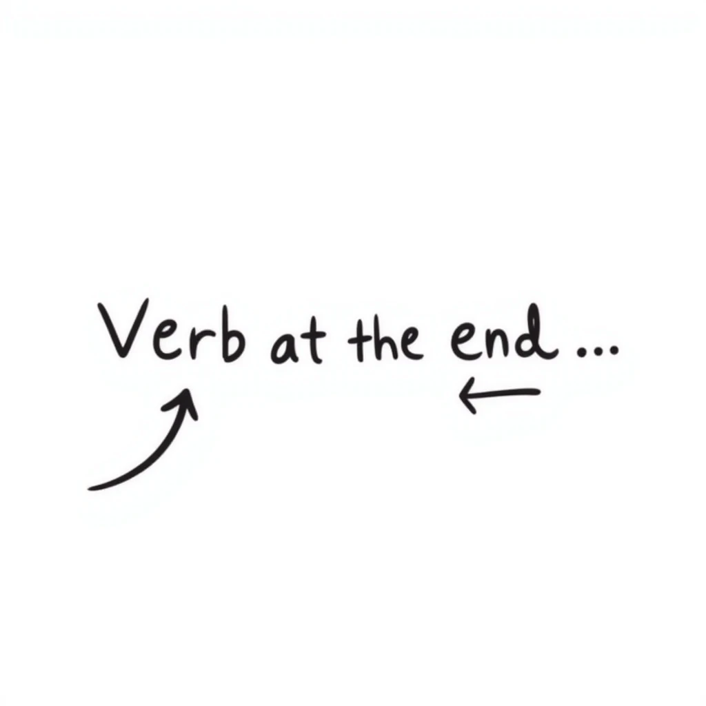 fun and clear emoji symbolizing the German verb-at-the-end rule, showing a cartoon German sentence with the verb at the end emphasized with an arrow or highlight emoji