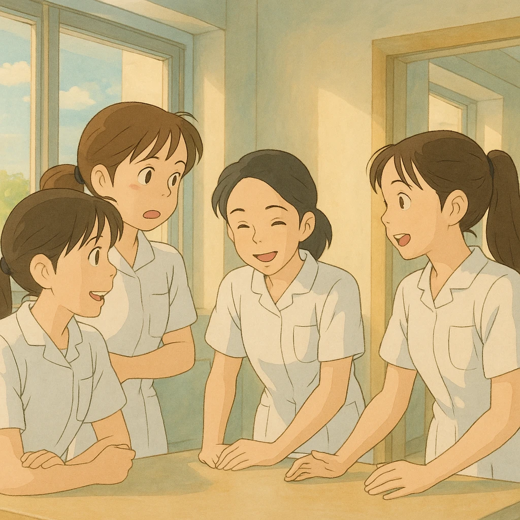 Scène Ghibli de quatre étudiants infirmiers (inspirés des photos), en interaction, portant des tuniques médicales blanches à manches courtes, col en V, poche poitrine à gauche, sans stéthoscopes ni pied de col, avant-bras nus, cheveux longs attachés. Décor intérieur lumineux, ambiance collaborative. emoji