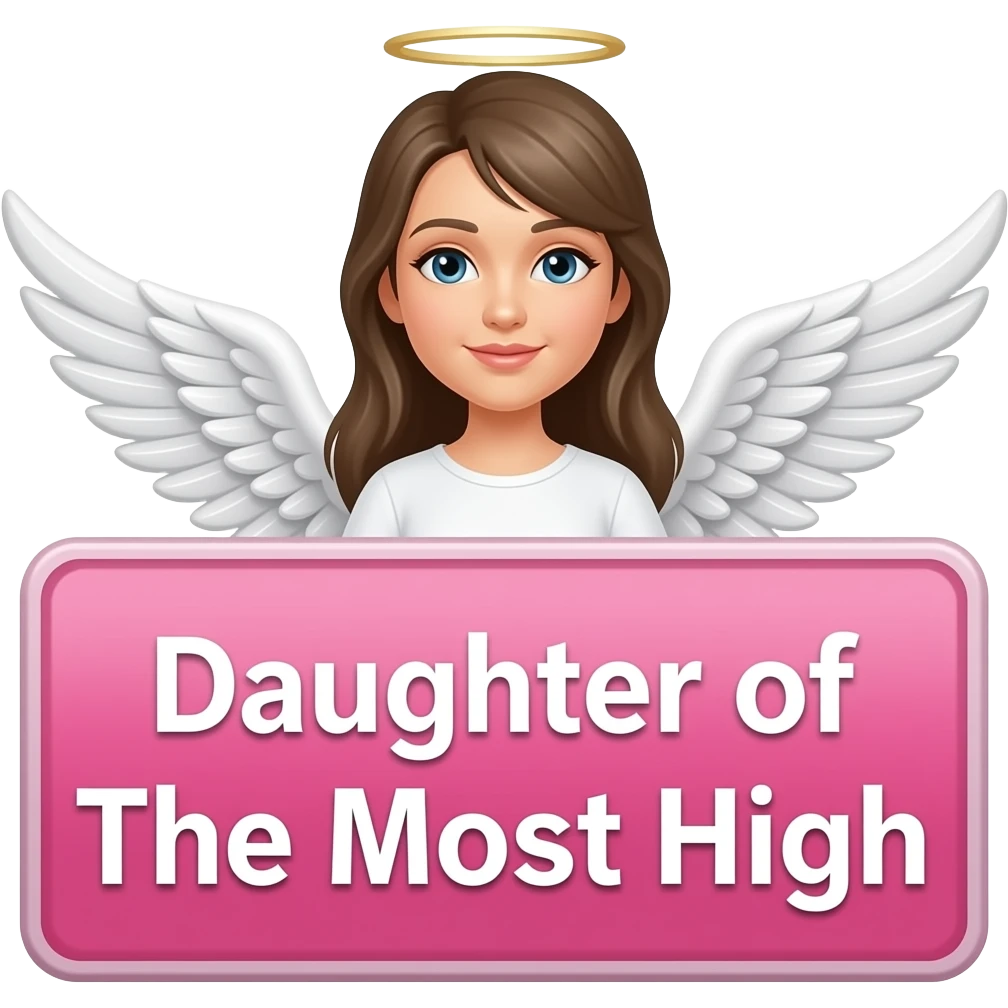 link pink sign and on its written with white font "Daughter of The Most High" angel white wings behind sign emoji