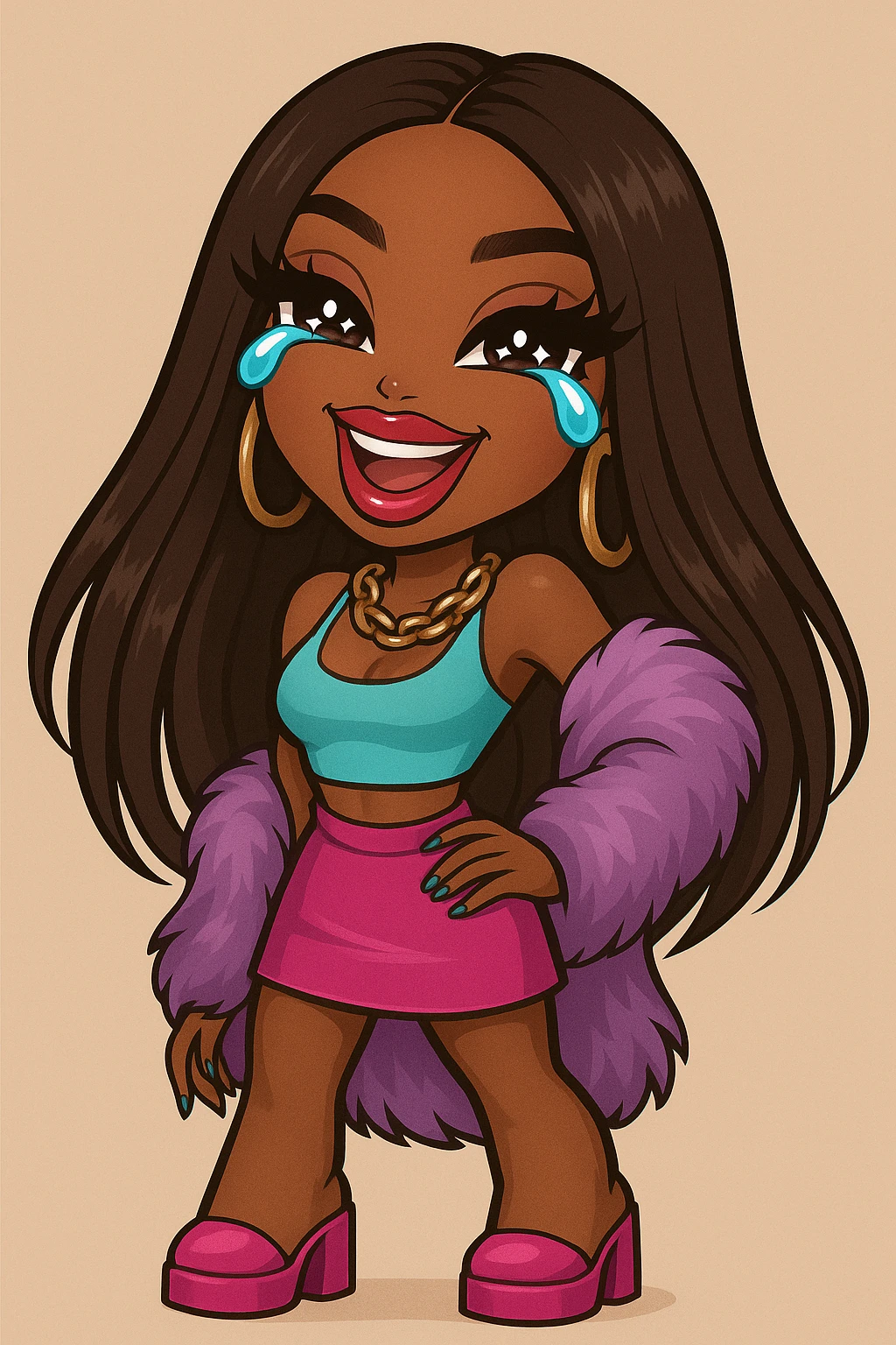 Make the character look like a 20-year-old woman in anime Bratz style with dark skin, dark hair, crying laughing expression, big expressive eyes, and glossy lips. emoji
