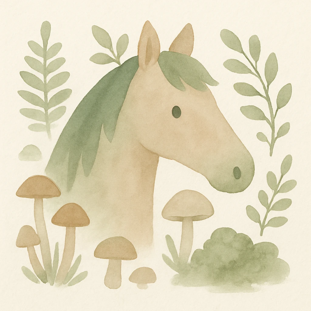 Add more forest details around the cute horse head, such as ferns, moss, mushrooms, and leafy branches, in watercolor style with soft brush strokes, green and brown tones, and a whimsical look. emoji