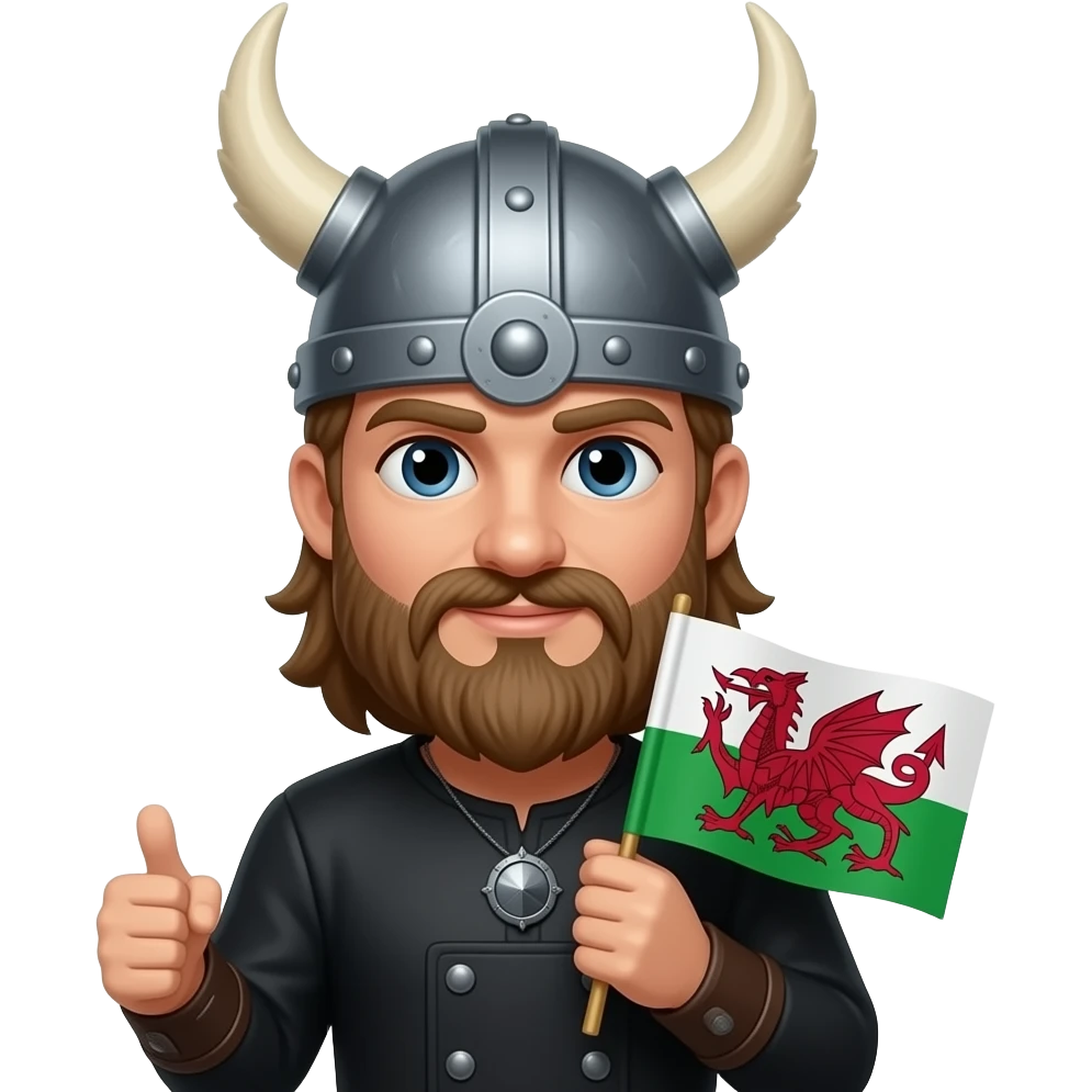 viking with black costume, helmet with wing , beard, and holding a welsh flag emoji