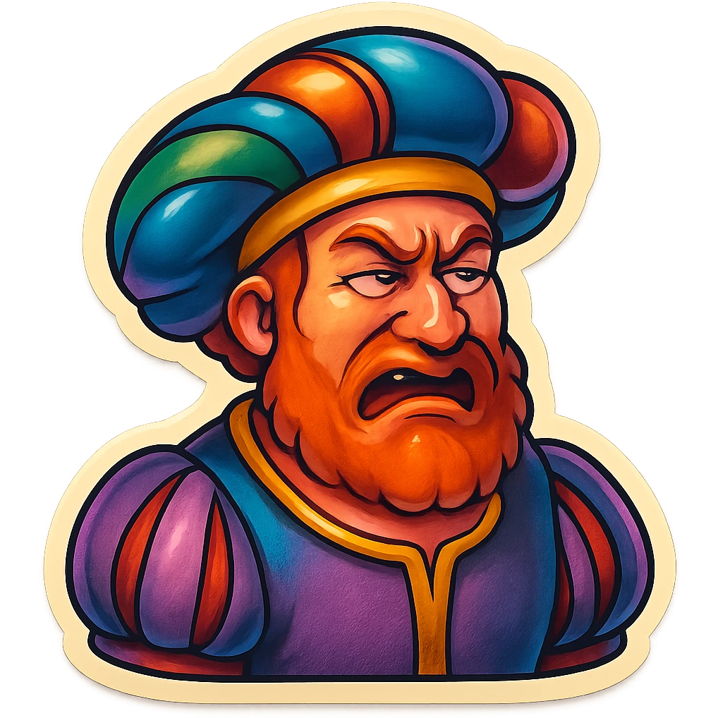 Red-bearded Landsknecht bust showing disgust, flat lightning emoji