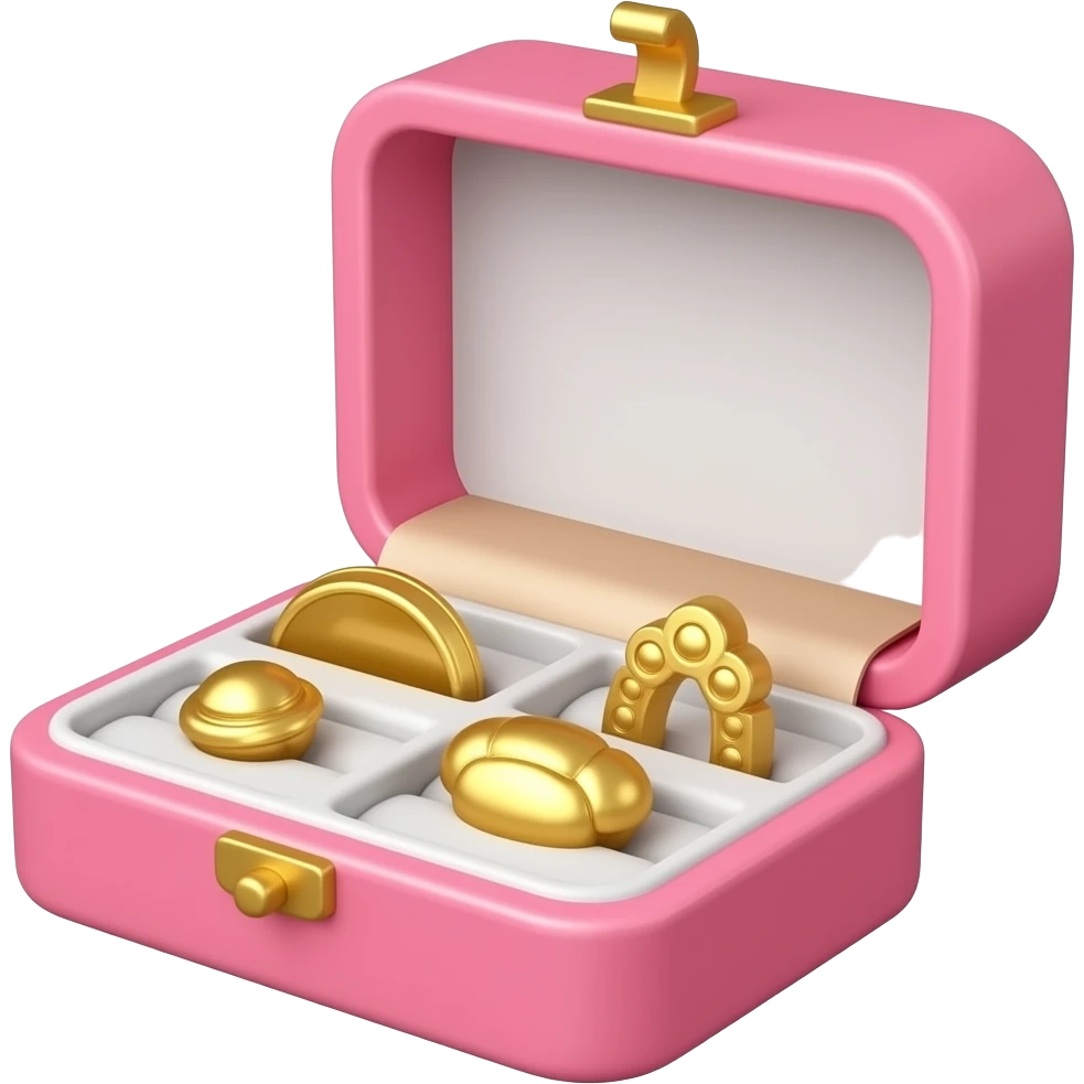 Pink cute jewelry box with gold jewels inside emoji